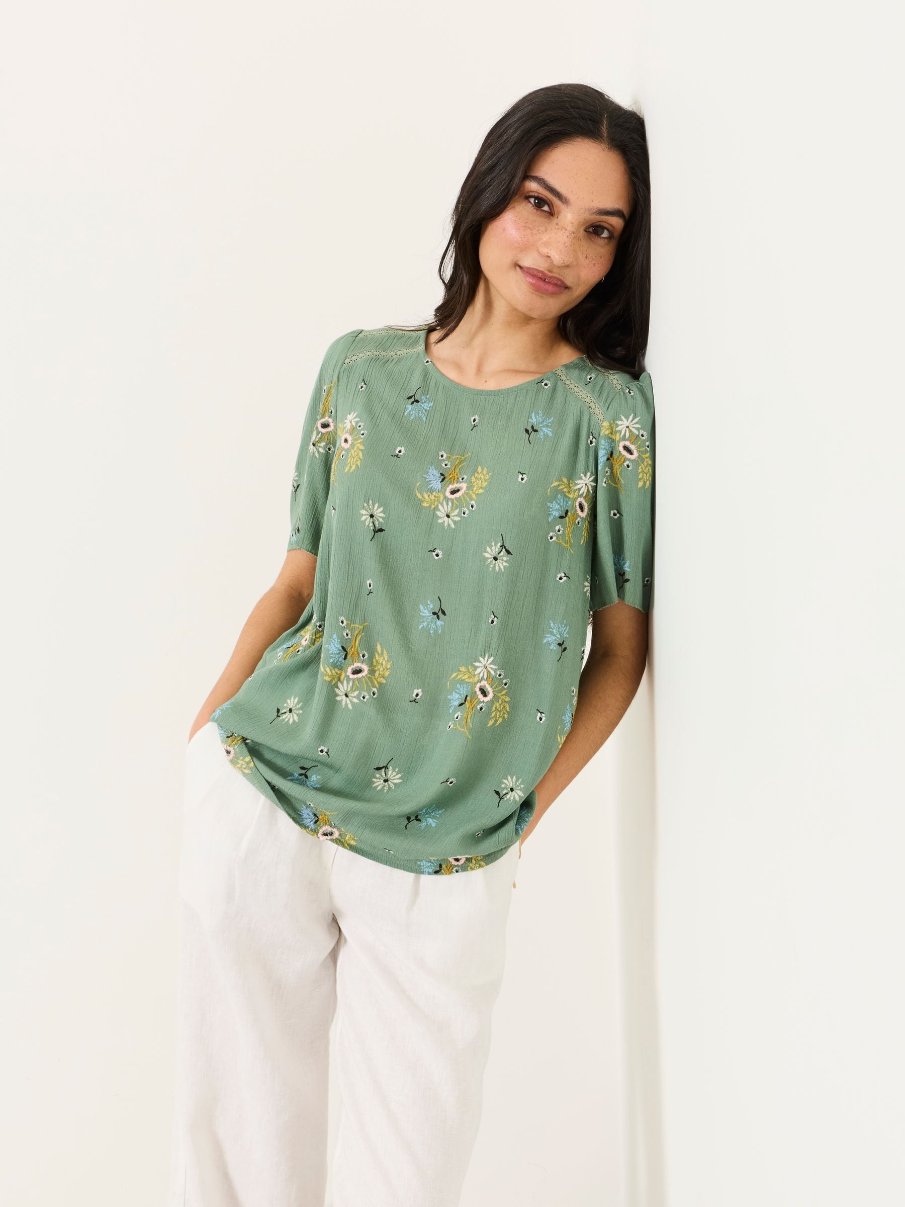 FatFace Sage Green Posie Regular Sofia Embroidered Blouse