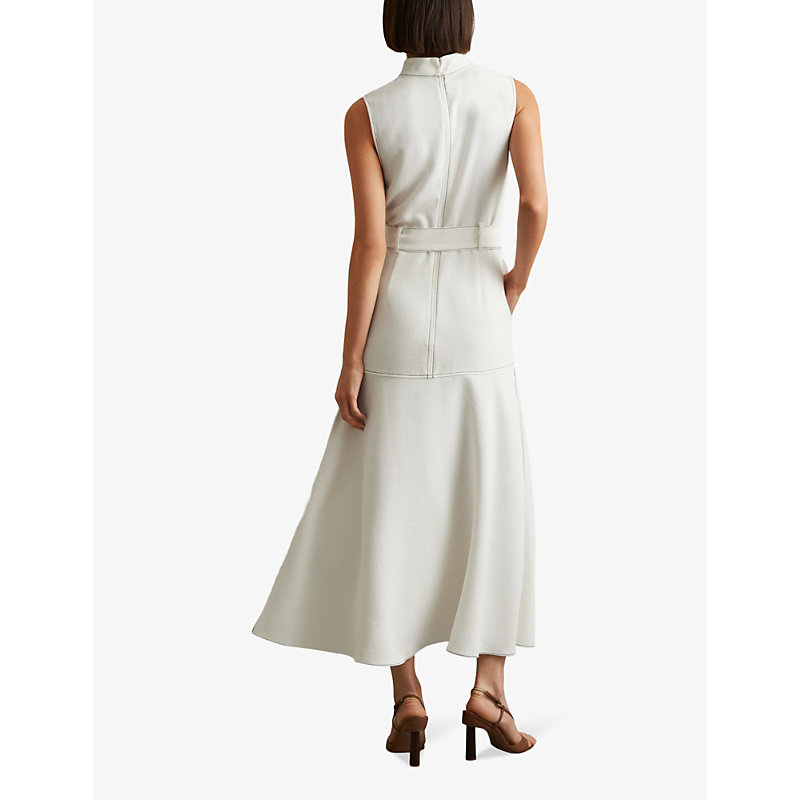 Womens Ivory Thora High-neck Belted-waist Crepe Midi Dress