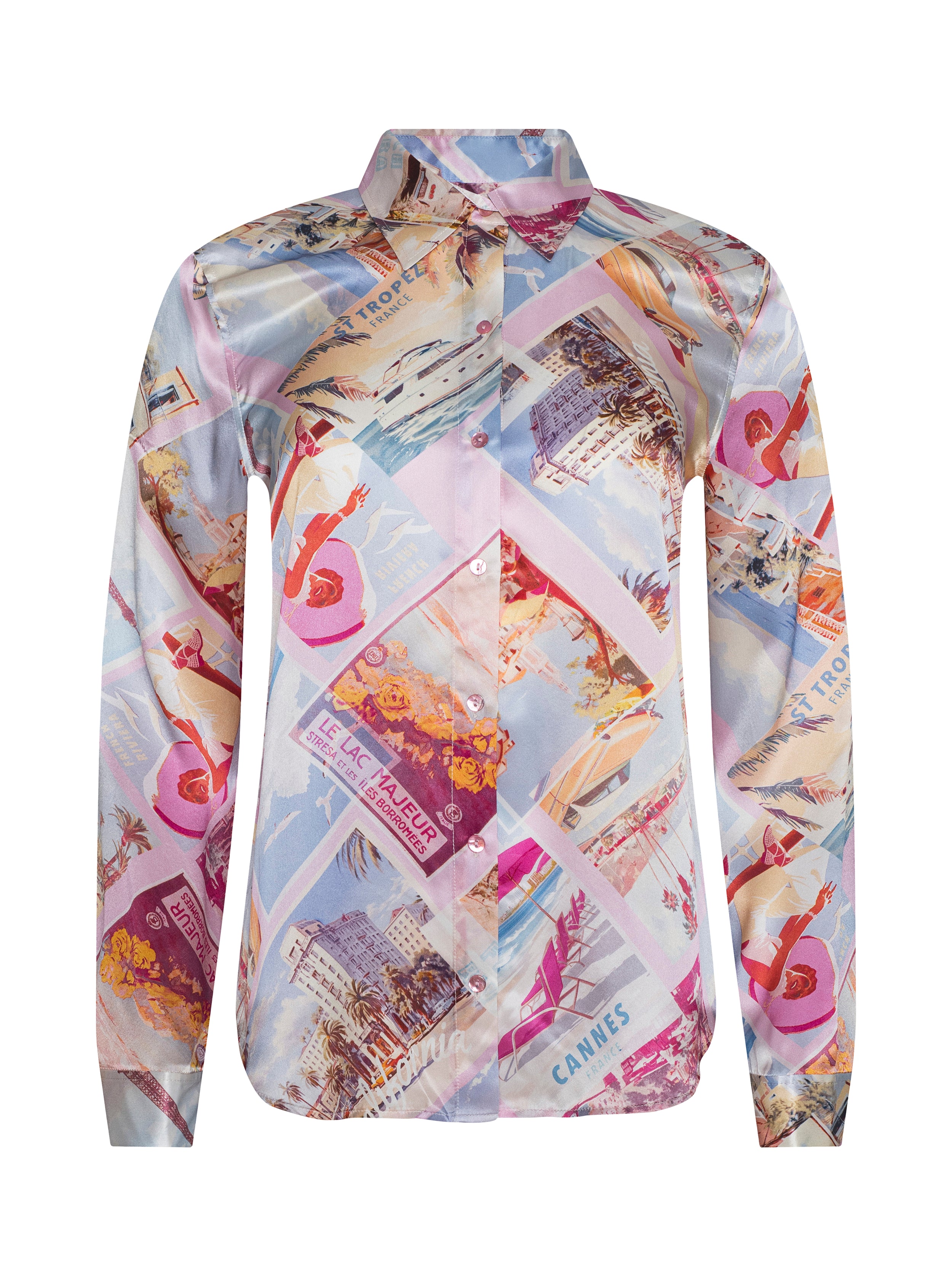 Tyler Silk Blouse Top In Light Pink Multi Large Postcard Print