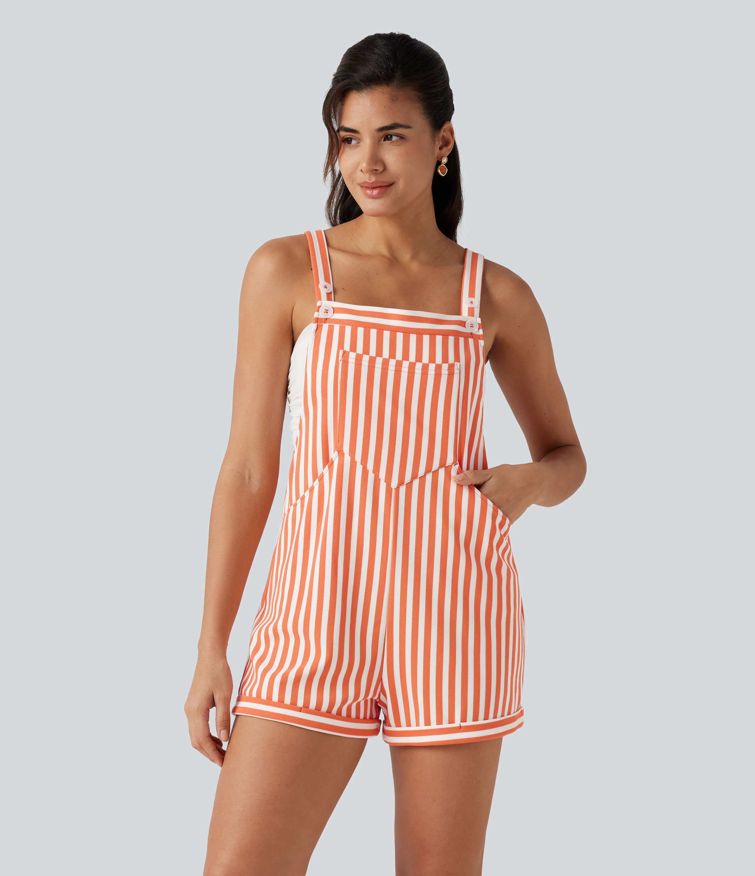 Pockets Stripe Waffle Short Overalls  - Orange Stripe