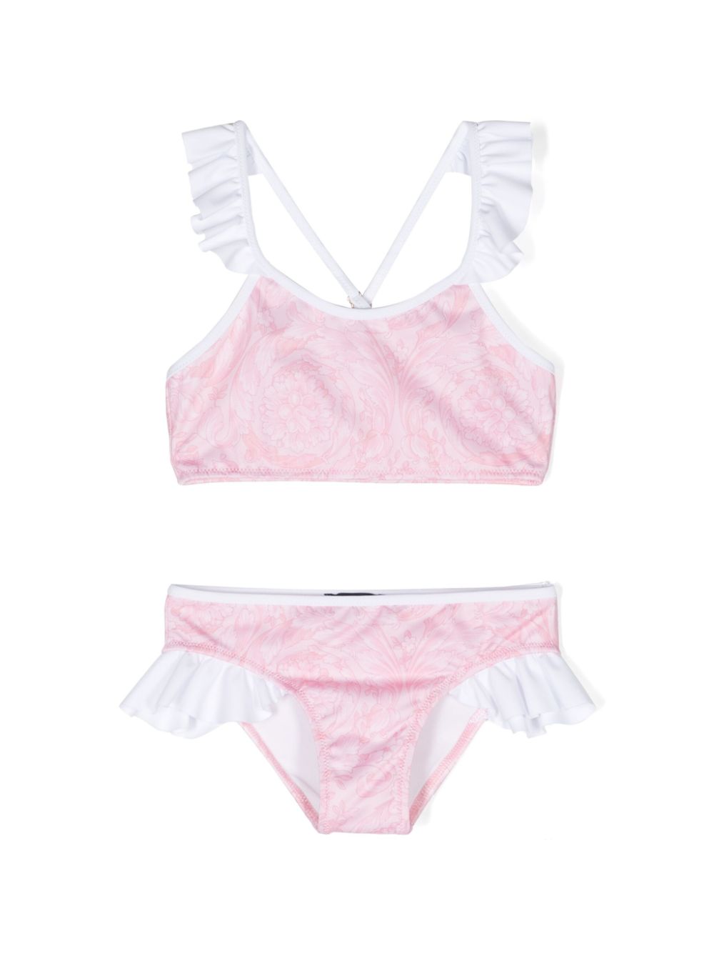 Barocco-print ruffled bikini set - Pink