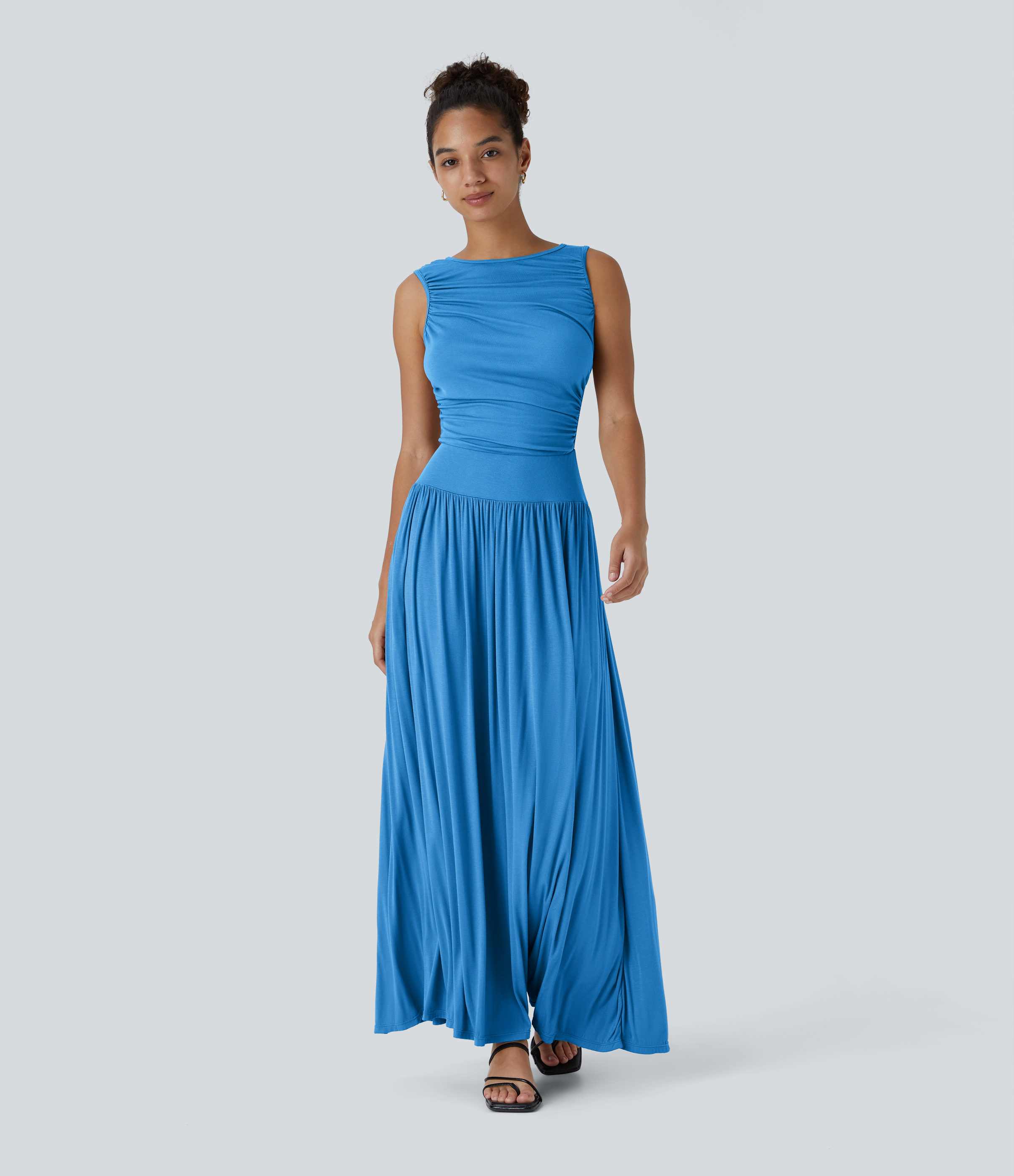 Ribbed Boat Neck Asymmetric Strap Ruched Pocket Flowy Maxi Casual Dress Casual Dress - Clear Sunny Blue