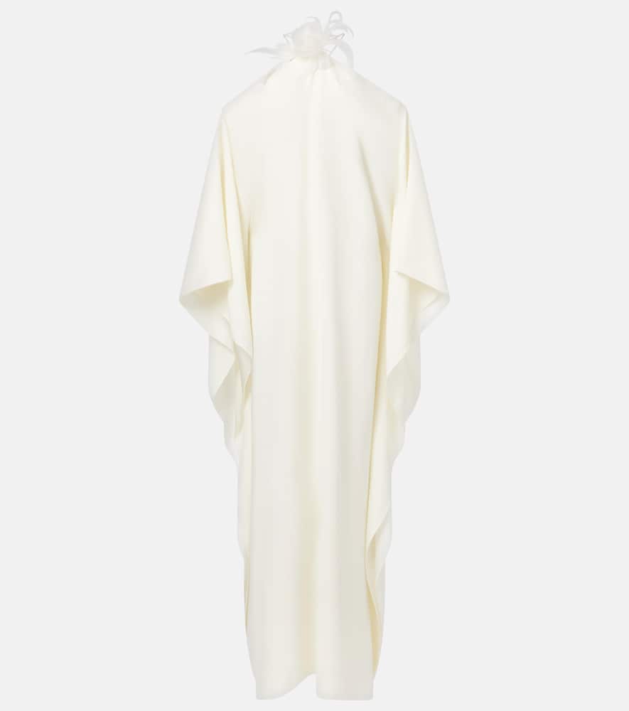Feather-trimmed off-shoulder gown
