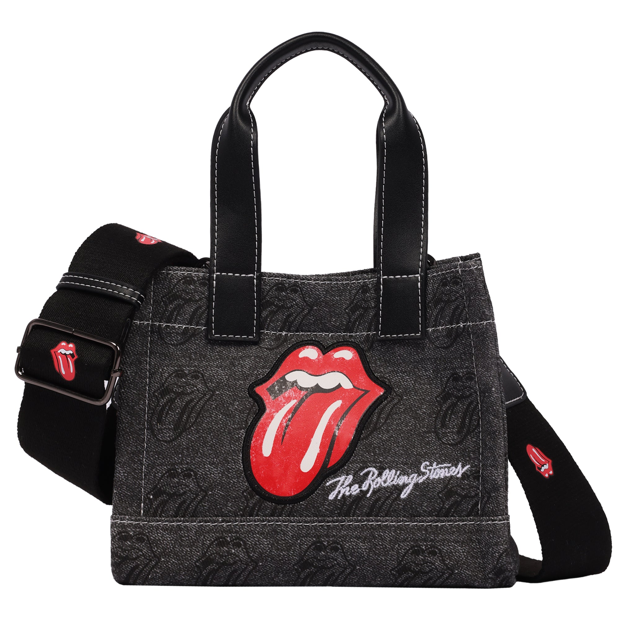 Black Denim Mini Tote Bag - Tongue Logo Patch, All-Over Print & Adjustable Crossbody Strap