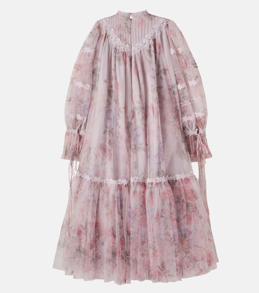 Lace-trimmed floral tulle dress