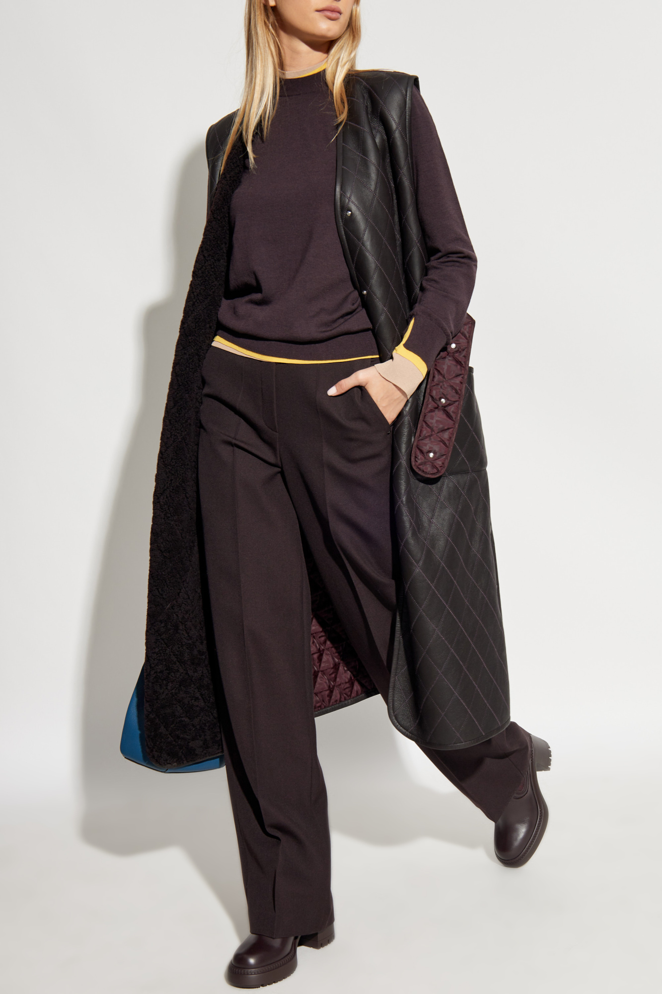 Long Padded Vest With Leather Front, Women's, Purple