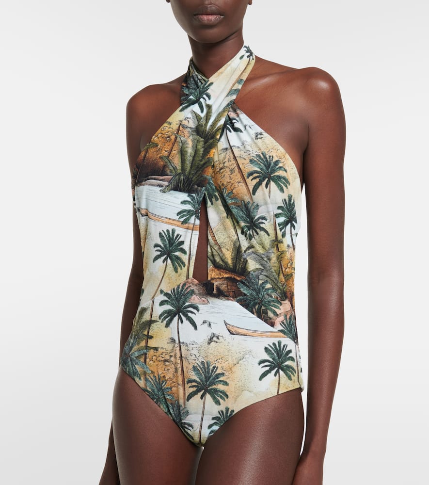 Hidden Paradise printed halterneck swimsuit