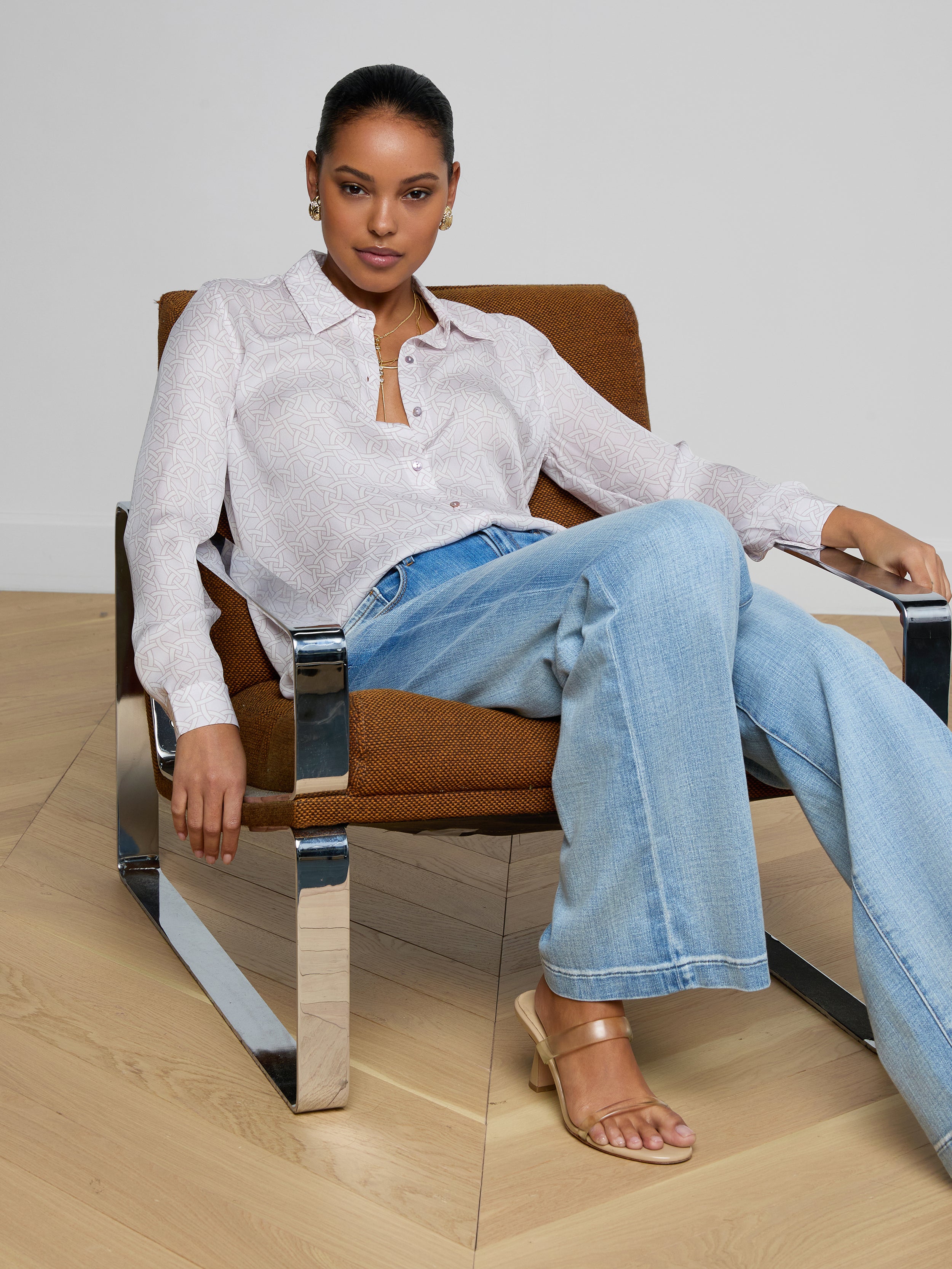 Nina Silk Blouse Top In Icy Lilac Linked Geo
