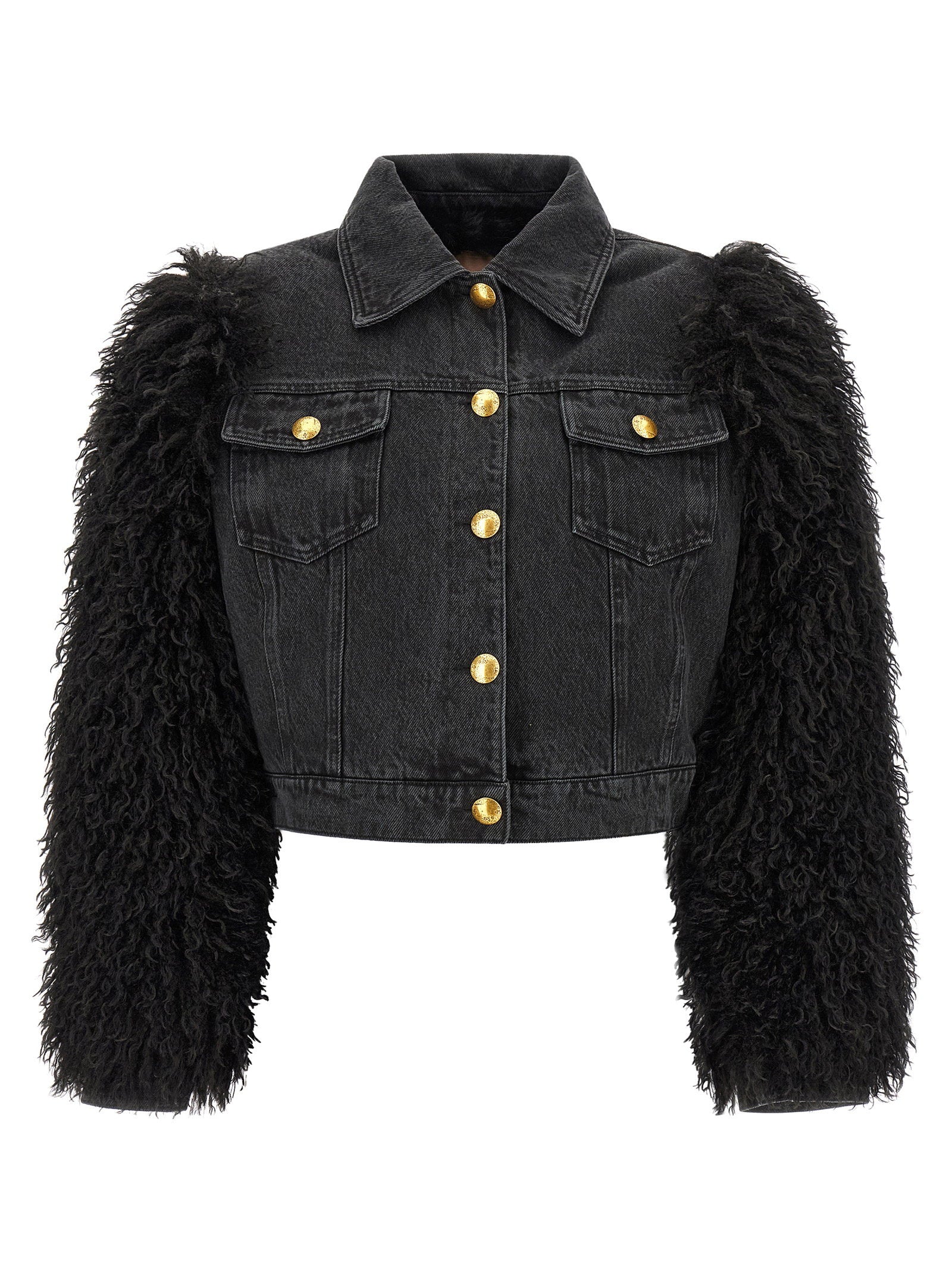 Shearling-Sleeve Denim Jacket — Black