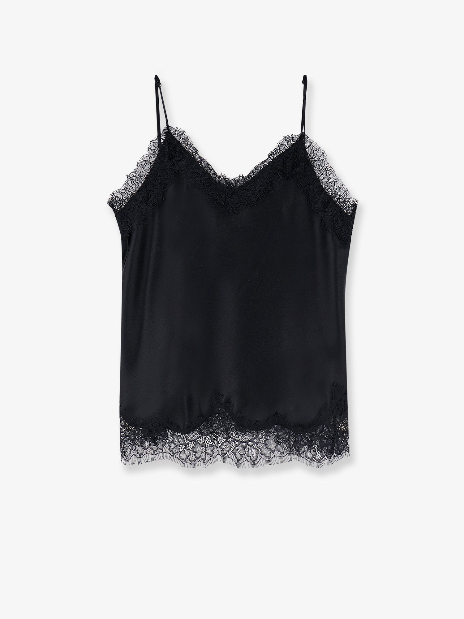 Lace-Trimmed Satin Tank Top — Black