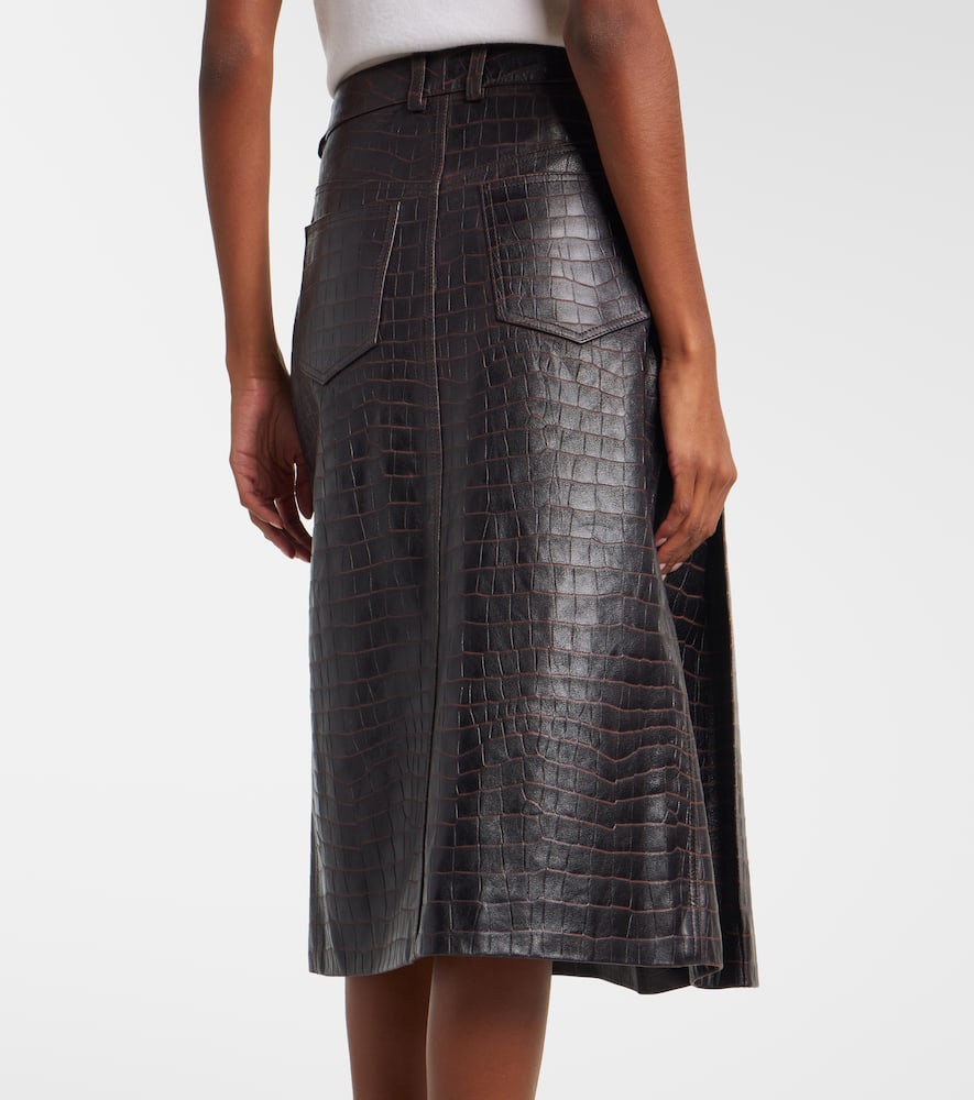 Pleated croc-effect leather midi skirt