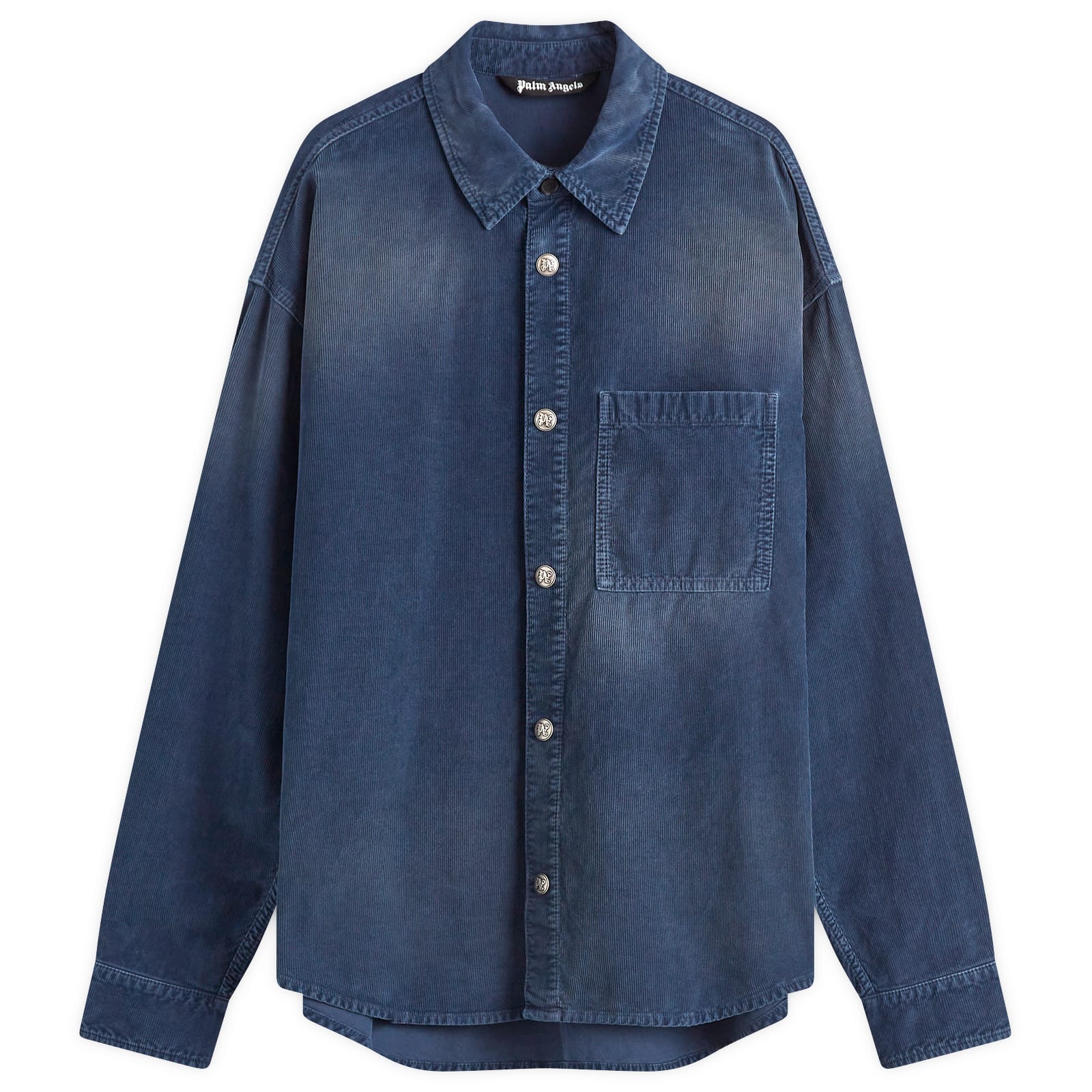 팜 엔젤스 Men's Curved Logo Corduroy Overshirt in Navy Blue PMES043S25FAB0024646