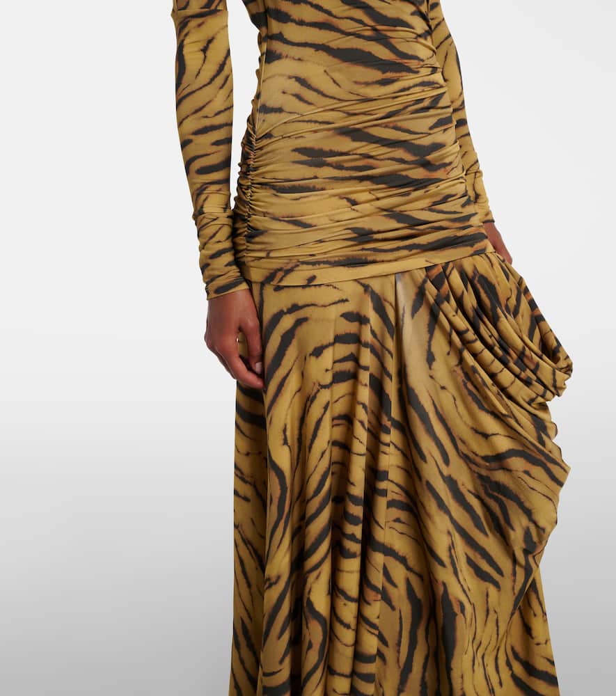 Asymmetric draped tiger-print maxi dress