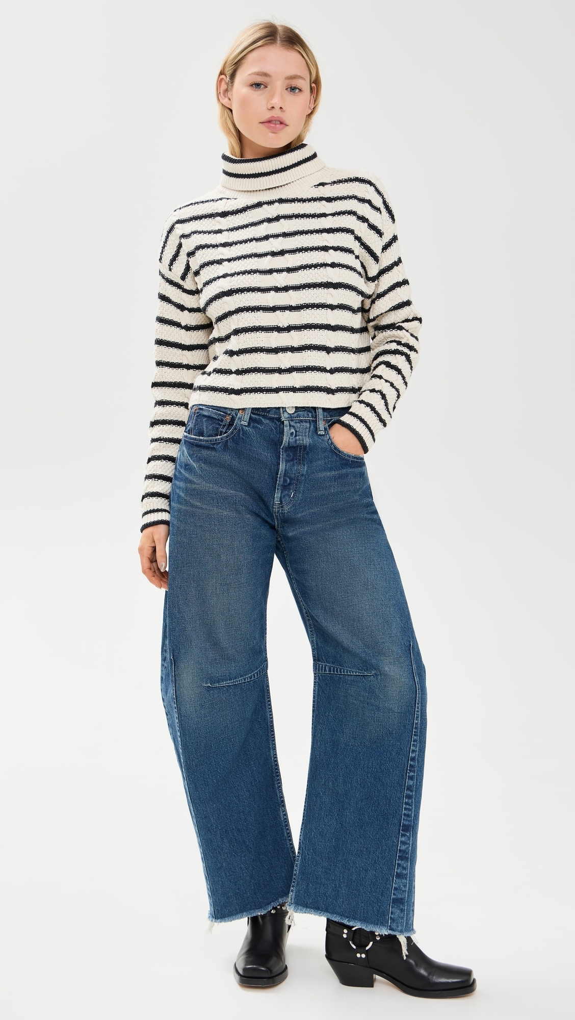 Cable Cropped Crew Sweater Stripe