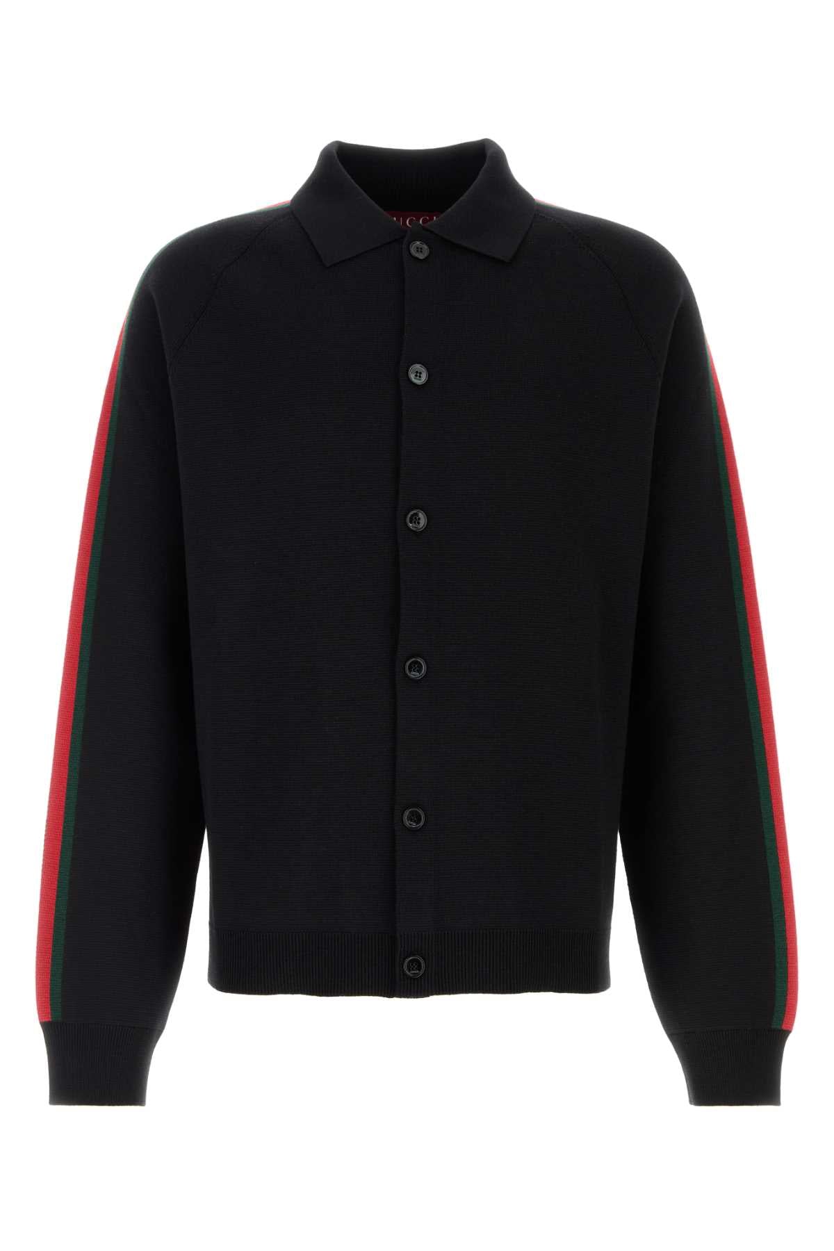 Wool Blend with Web Stripes Cardigan — Black
