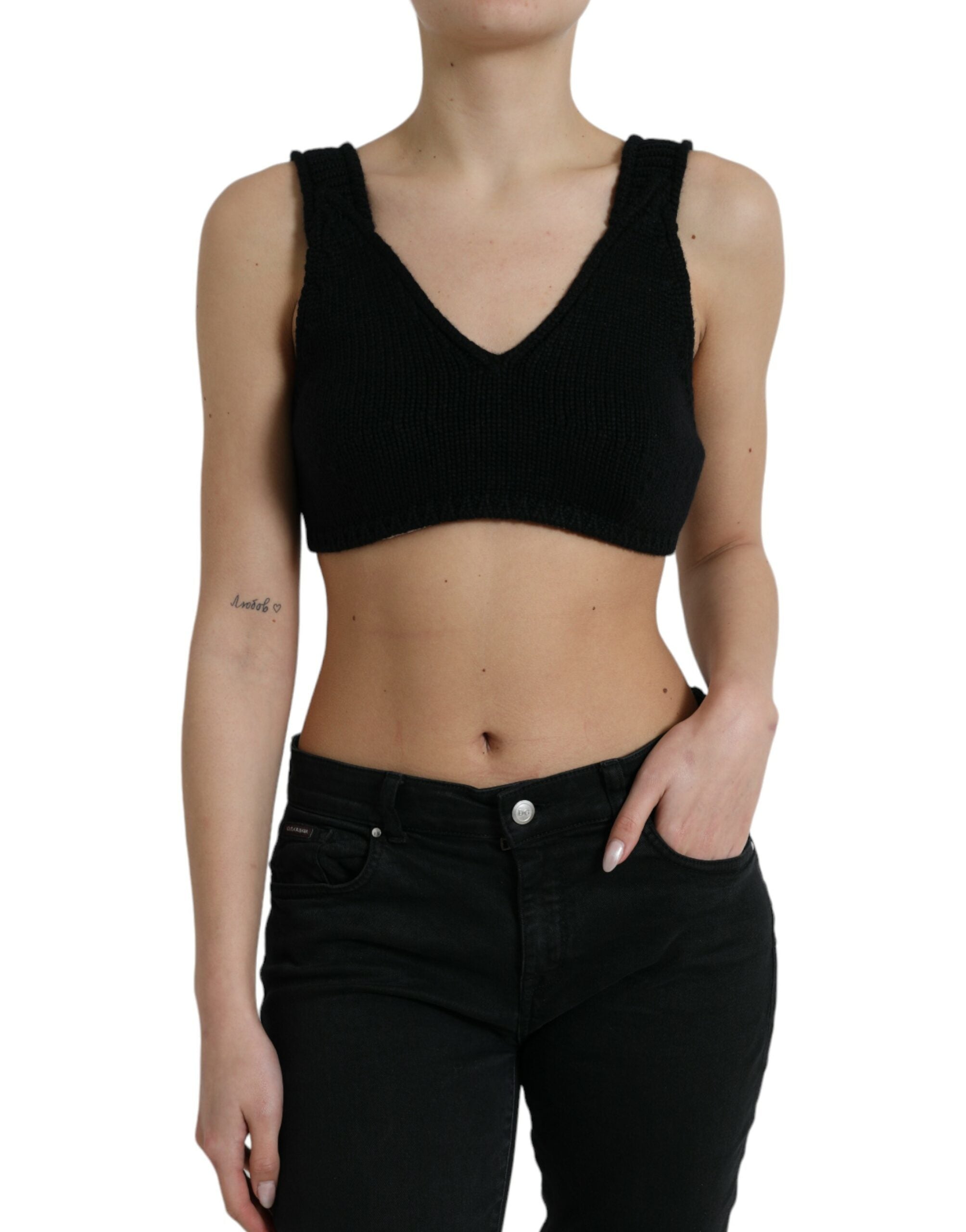 Cashmere V-Neck Bustier Tank Top — Black