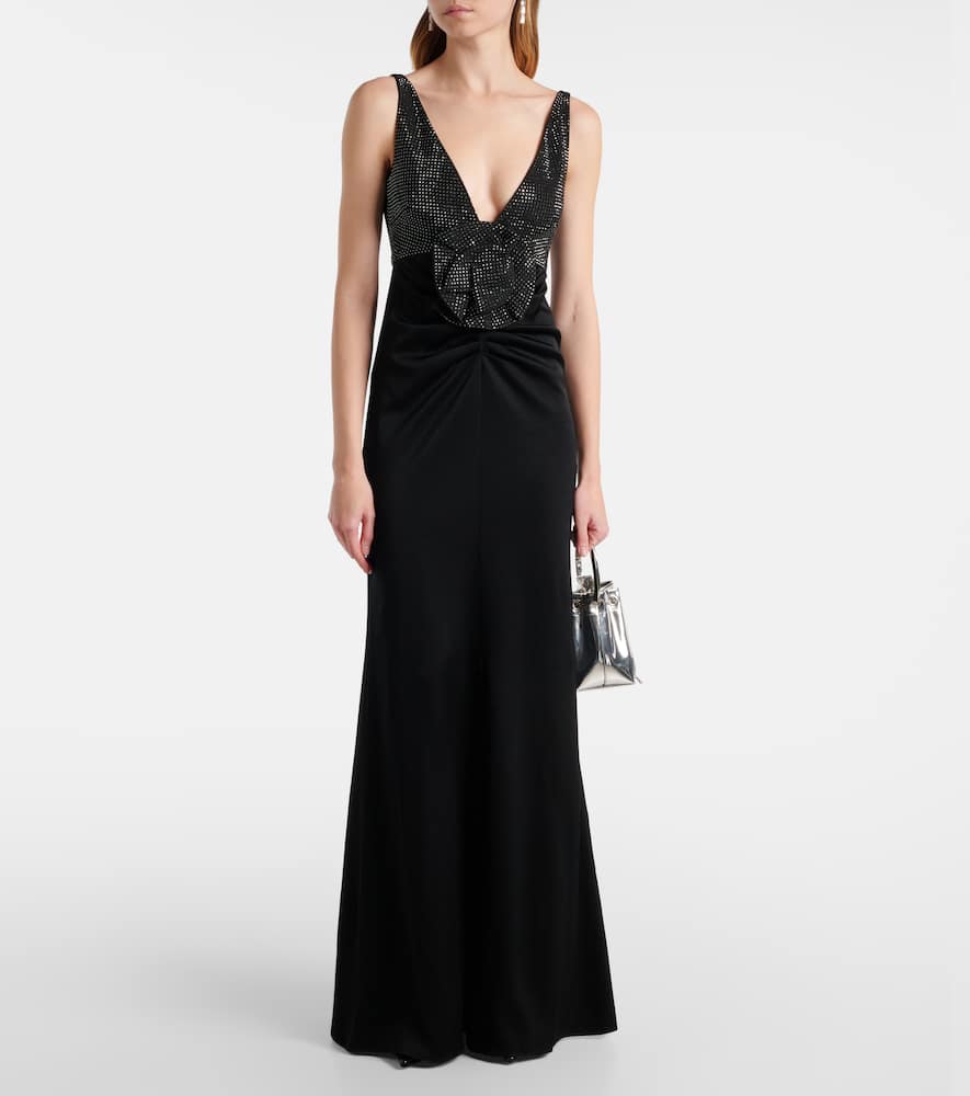 Floral-appliqué embellished satin crêpe gown