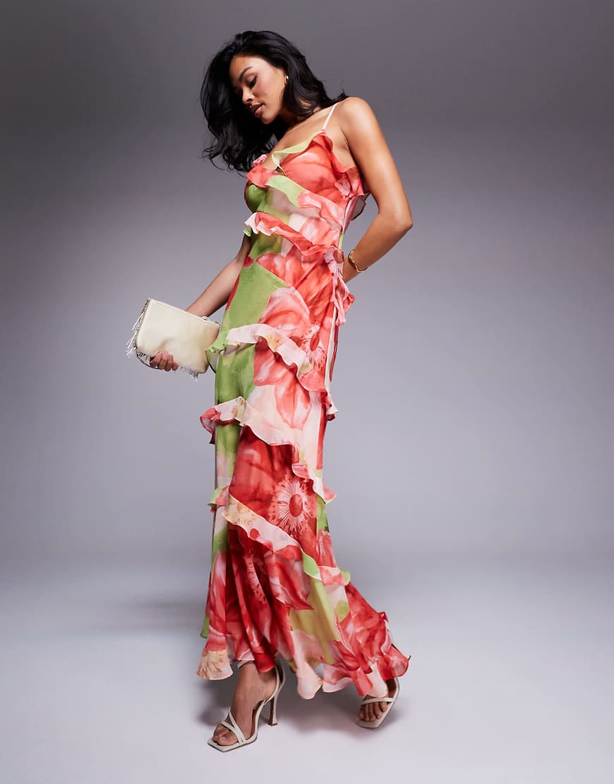 Ever New ruffles maxi dress in red and lime floral-Green
