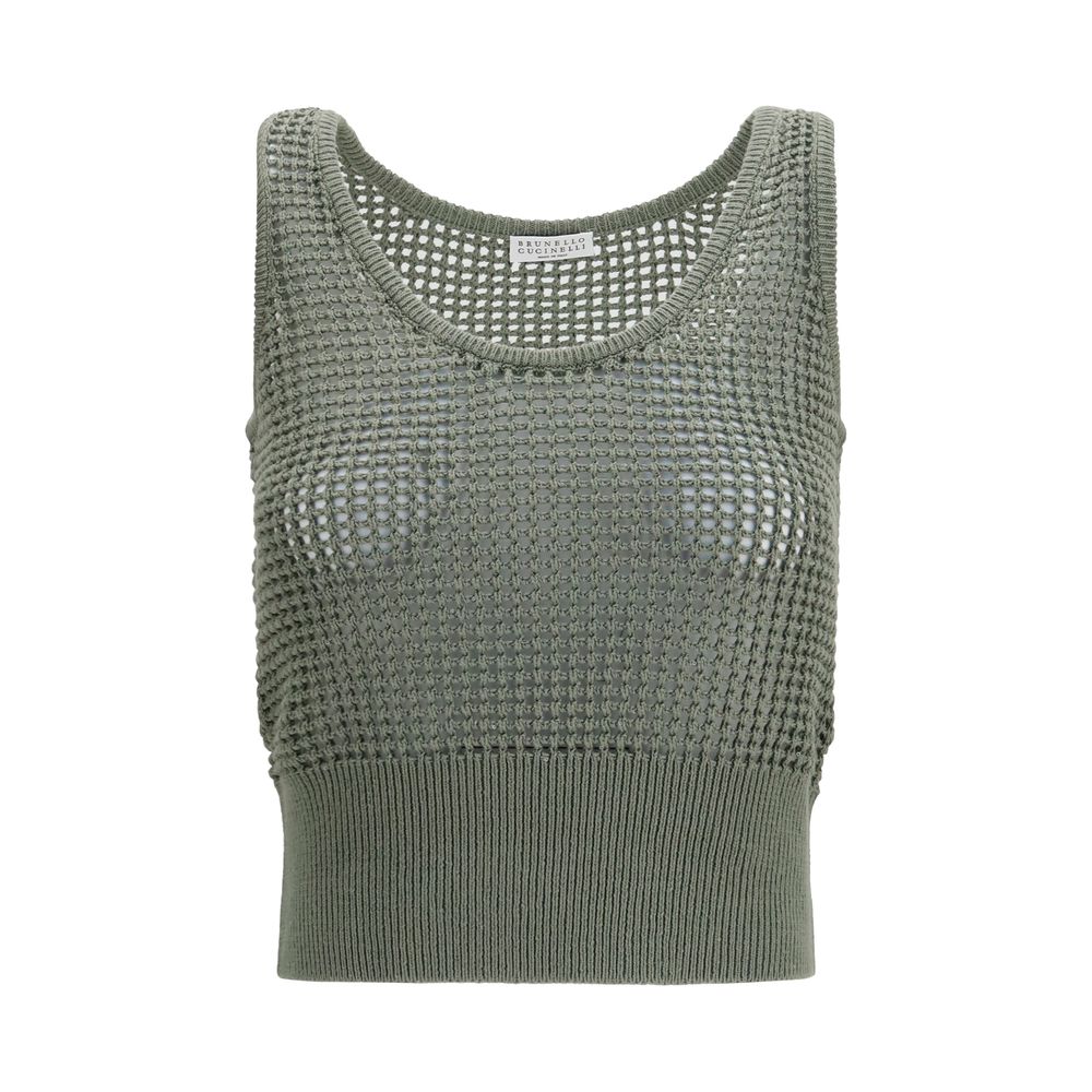 Open-Knit Cotton with Sequins Tank Top — Green