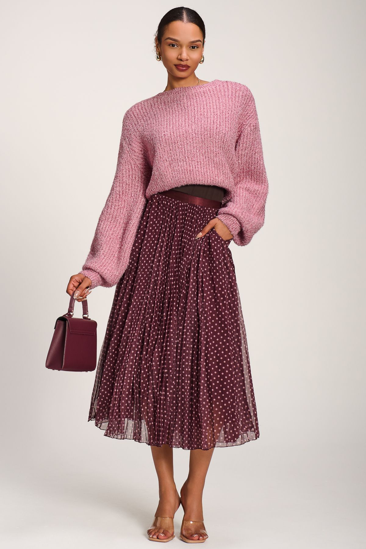 Jolie Moi Women's Print Crinkle Mesh Midi Skirt in Burgundy