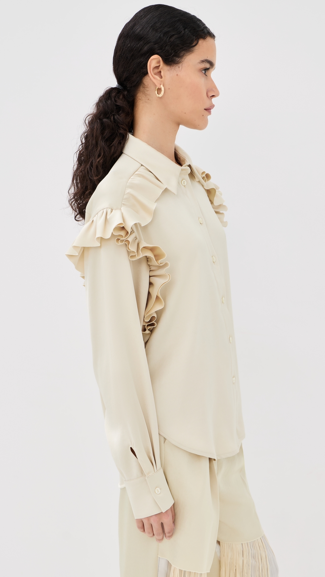 Satin Ruffled Button Down Shirt Butter