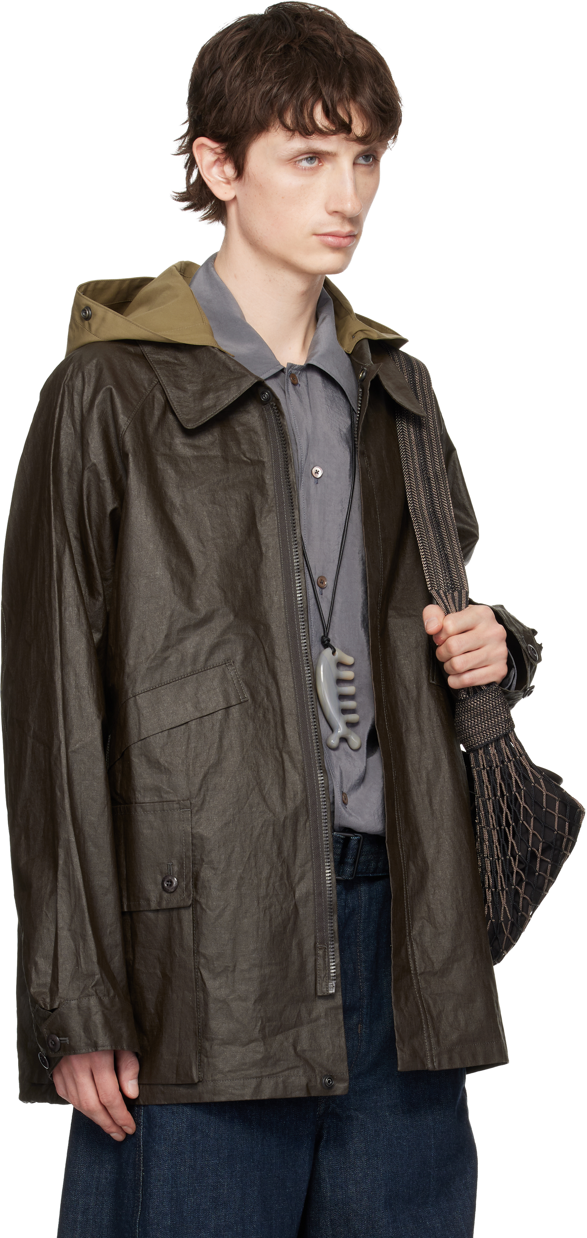 Brown Detachable Hood Coated Technical Linen Rain Jacket