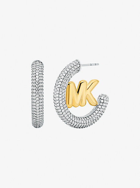 Large Pavé Logo Charm Two-Tone Hoop Earrings