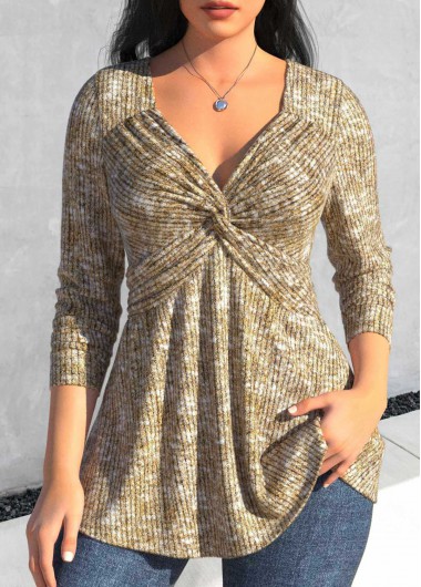 Modlily Light Camel Twist Long Sleeve T Shirt