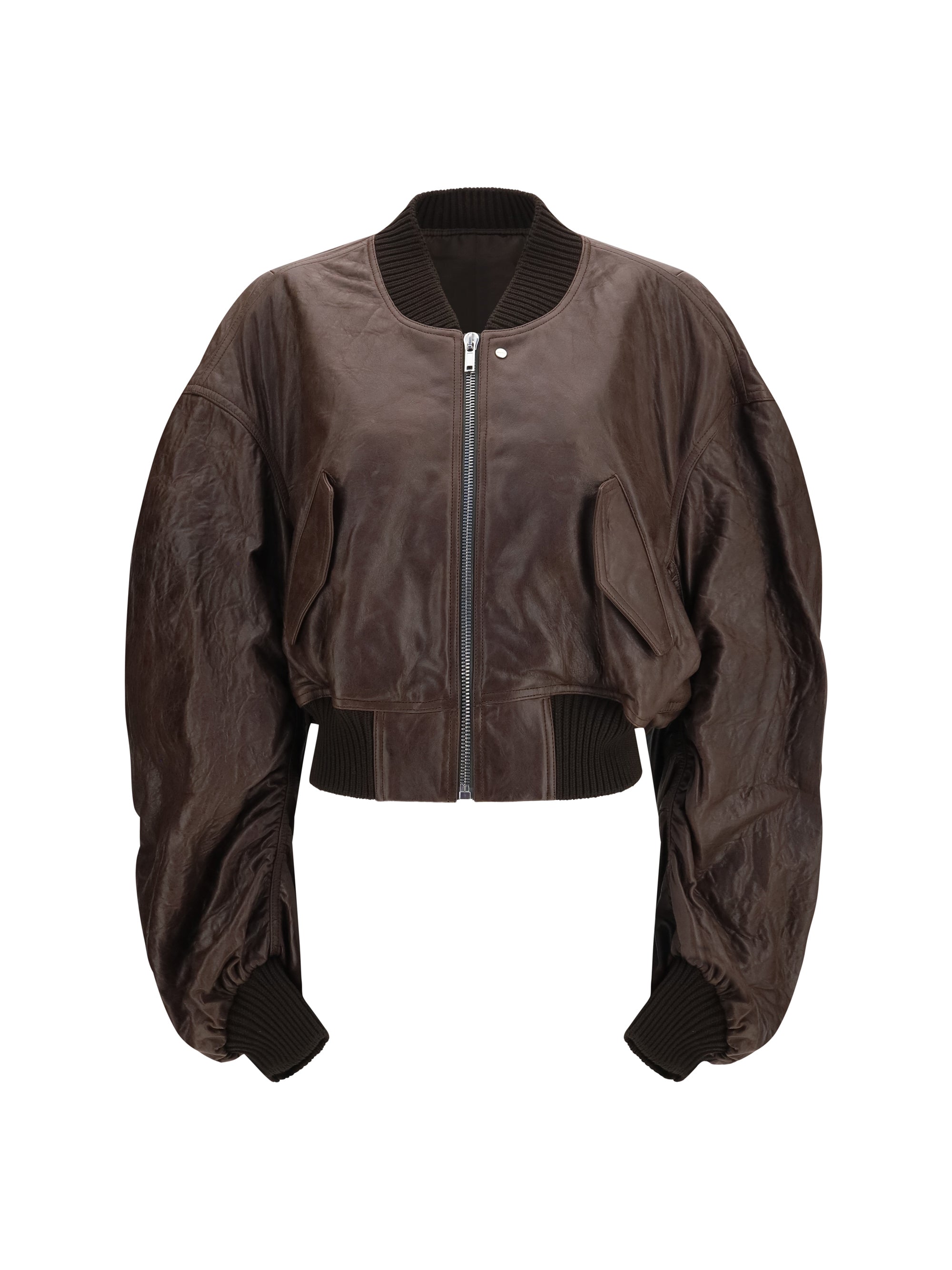 Cropped Leather Bomber Jacket — Brown