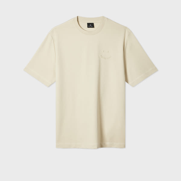 Casual-Fit Ecru Embossed 'Happy' T-Shirt White