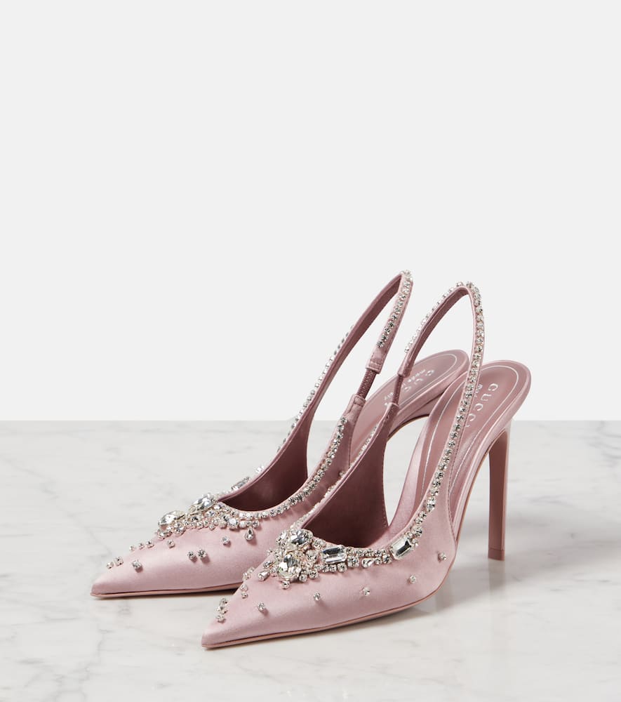 Crystal-embellished satin slingback pumps