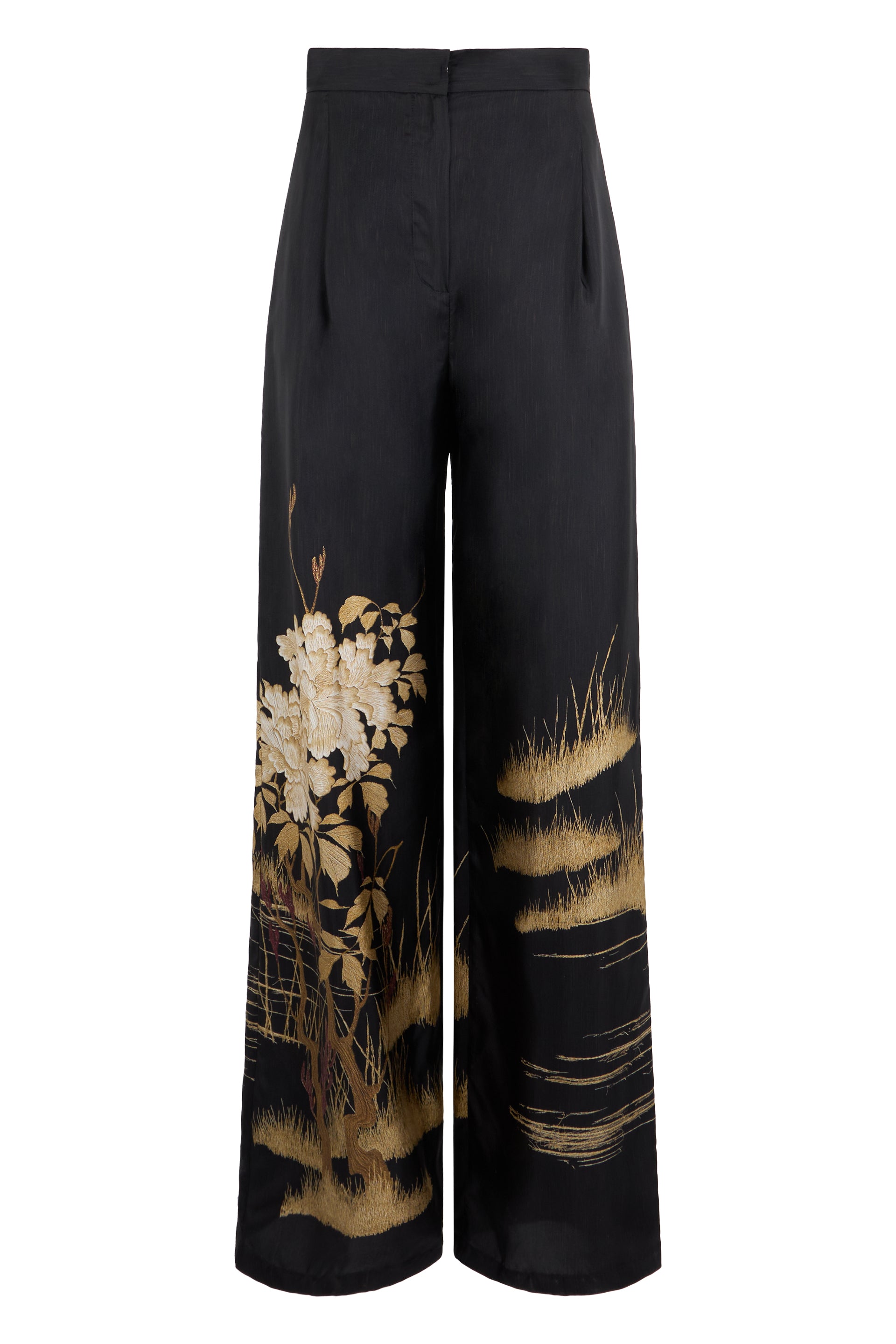 Wide-Leg Silk Pants with Artistic Warm-Tone Side Design