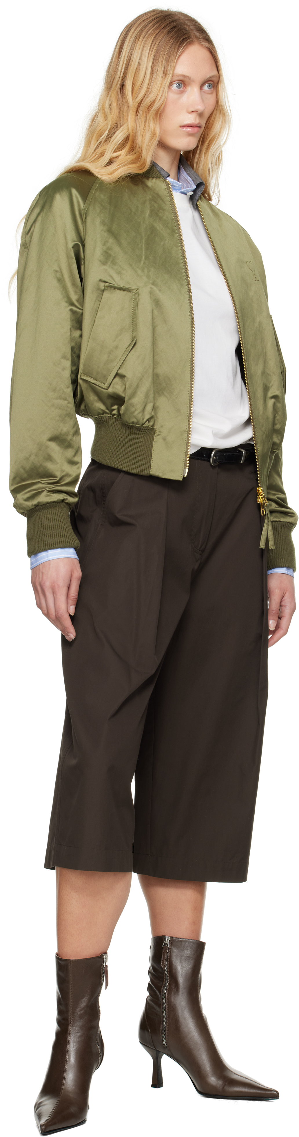 AMI Paris Green Cotton Satin Ami de Coeur Bomber Jacket