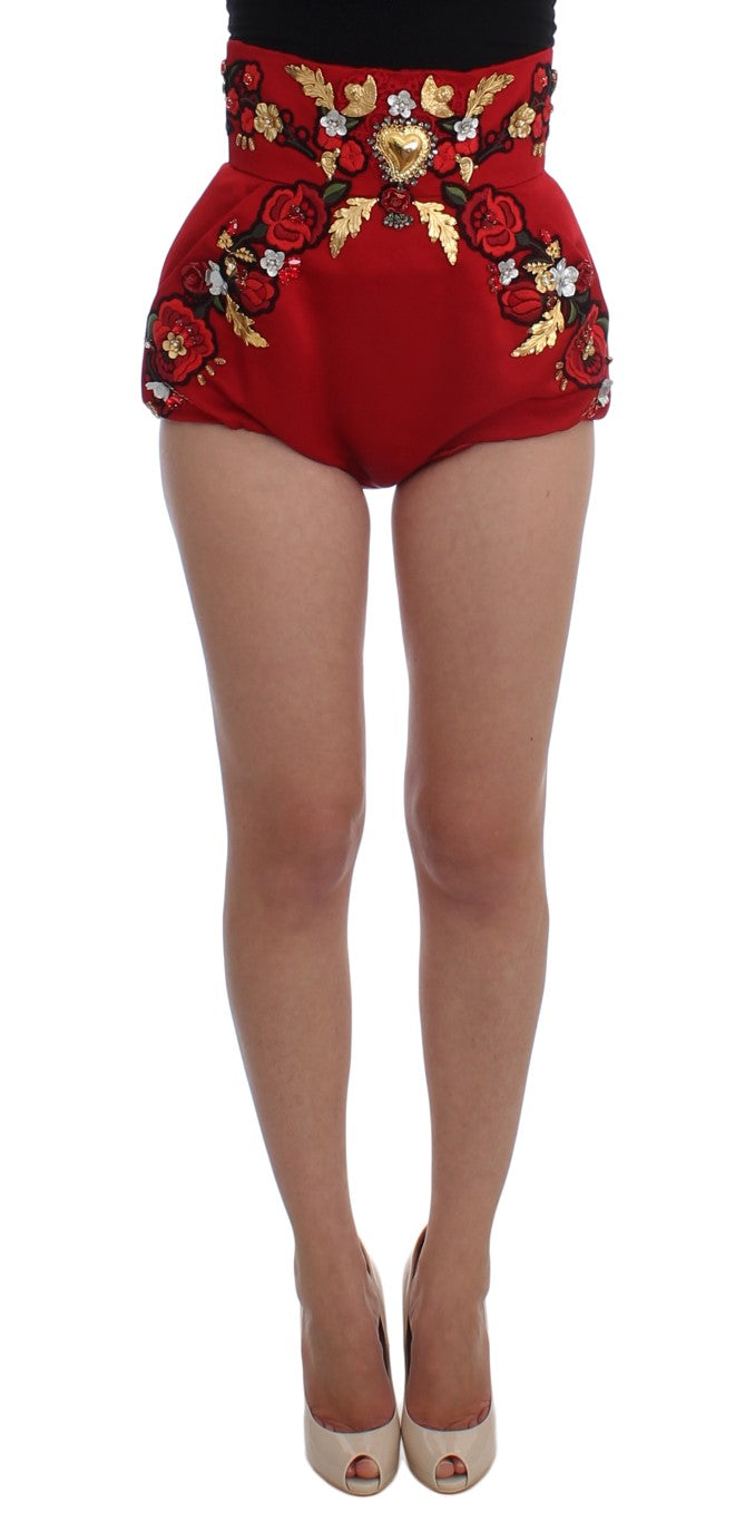 Crystal-Embroidered Silk Shorts — Red
