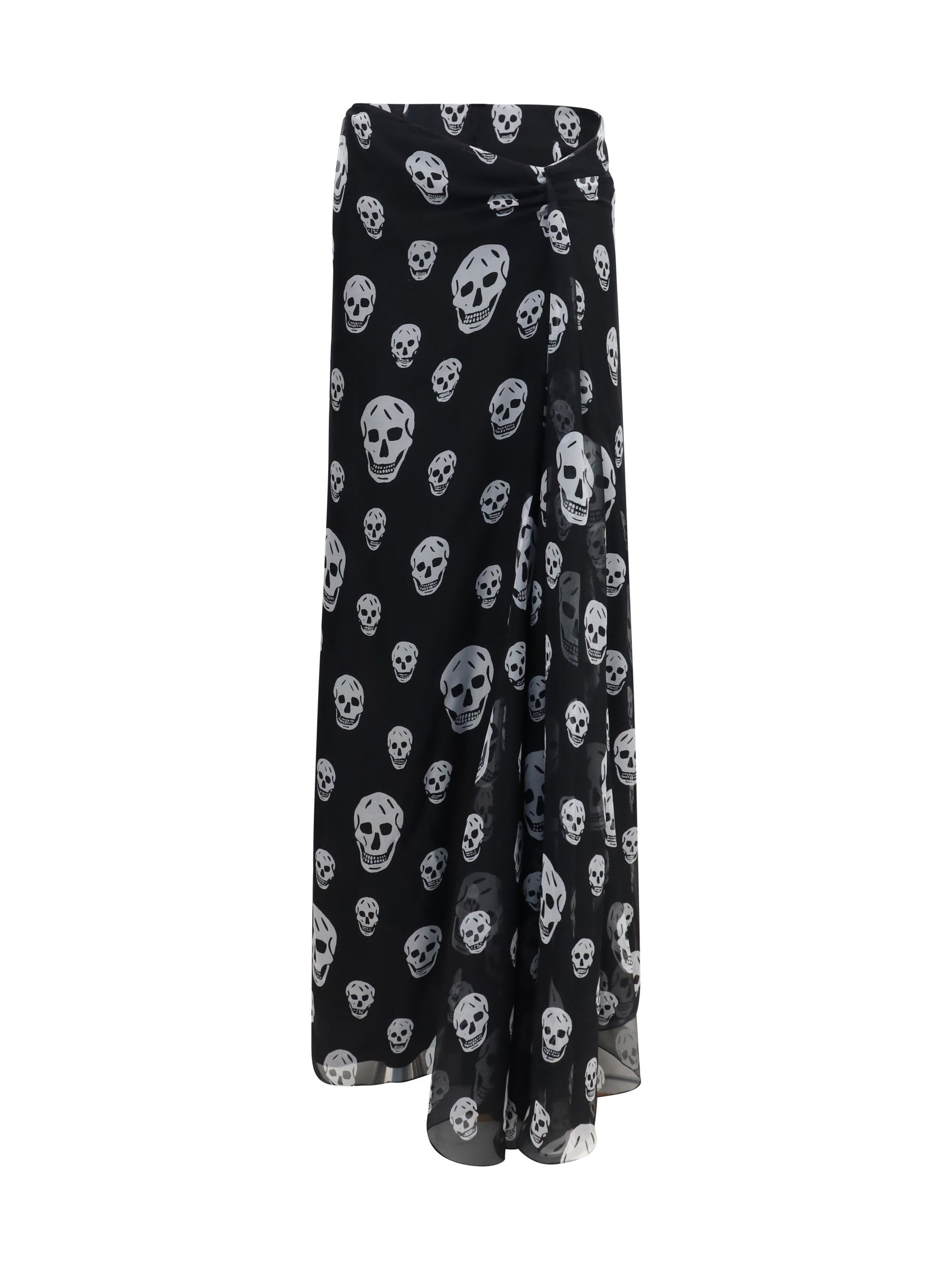 Skull-Print Silk Draped Skirt — Black