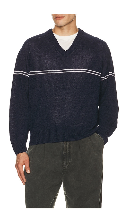 Dunst Striped V Neck Striped Sweater in Navy. - M also in L, XL/1X