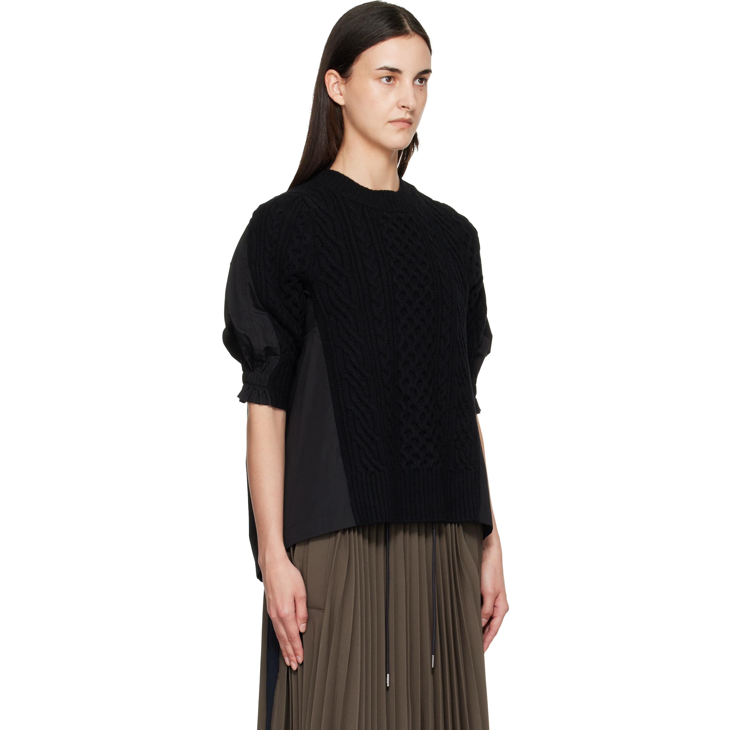 Black Wool Knit x Cotton Poplin Pullover Sweater