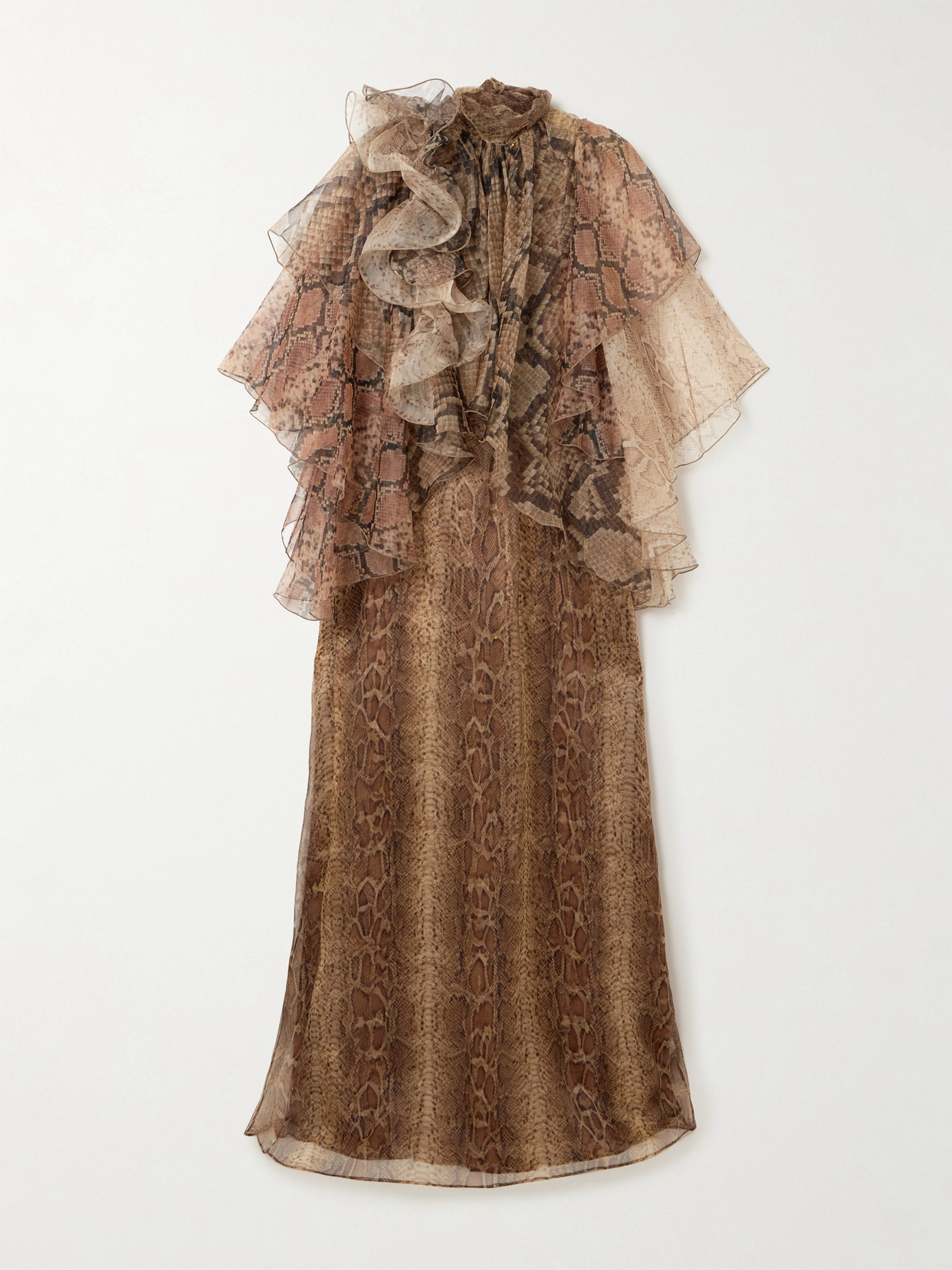 Hypnotic Memento Billow Ruffled Snake-print Silk-organza Gown - Brown