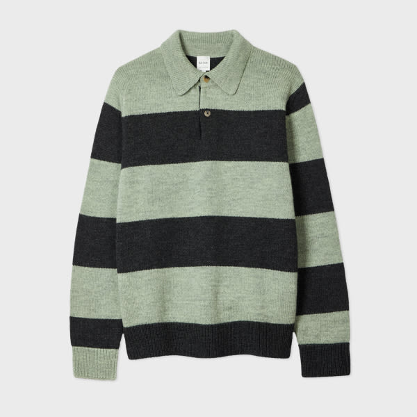 Green and Charcoal Block Stripe Polo Sweater