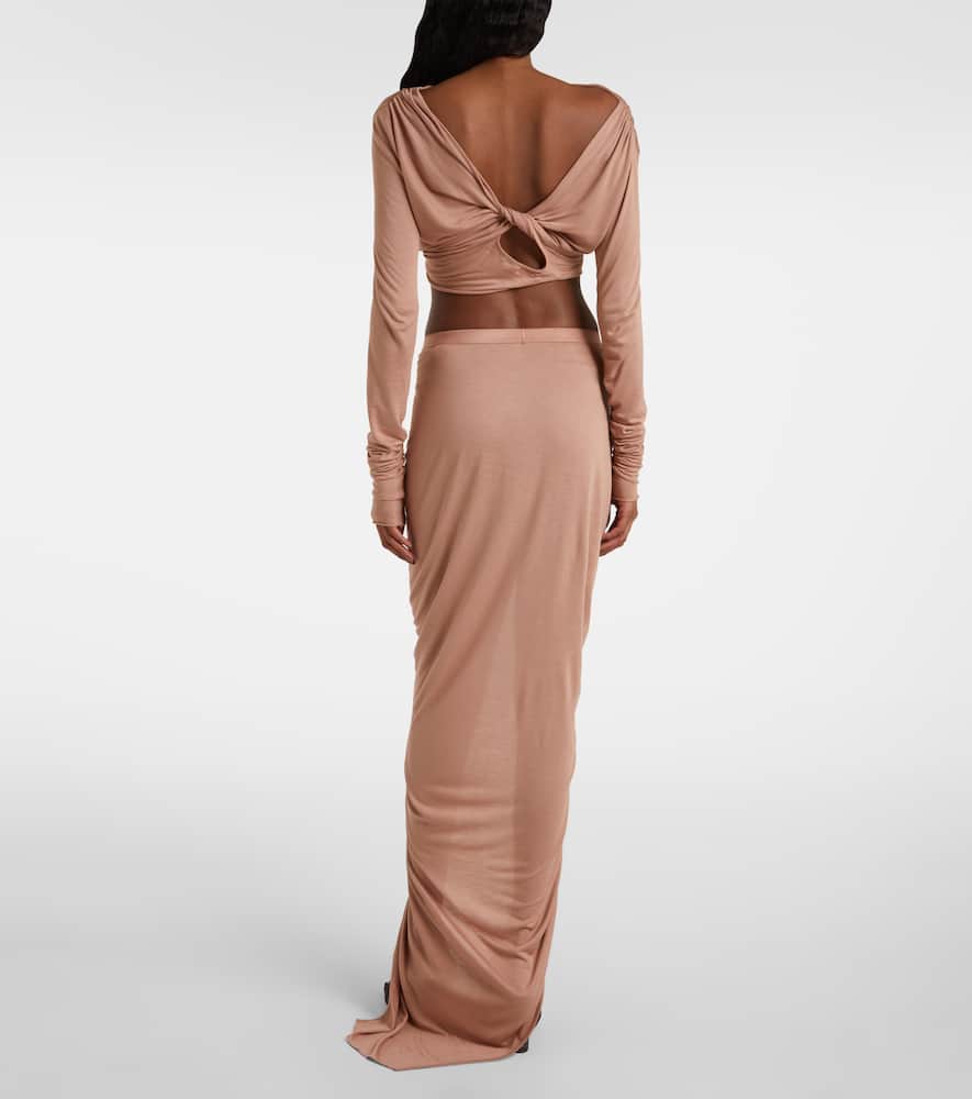 Asymmetric gathered jersey maxi skirt
