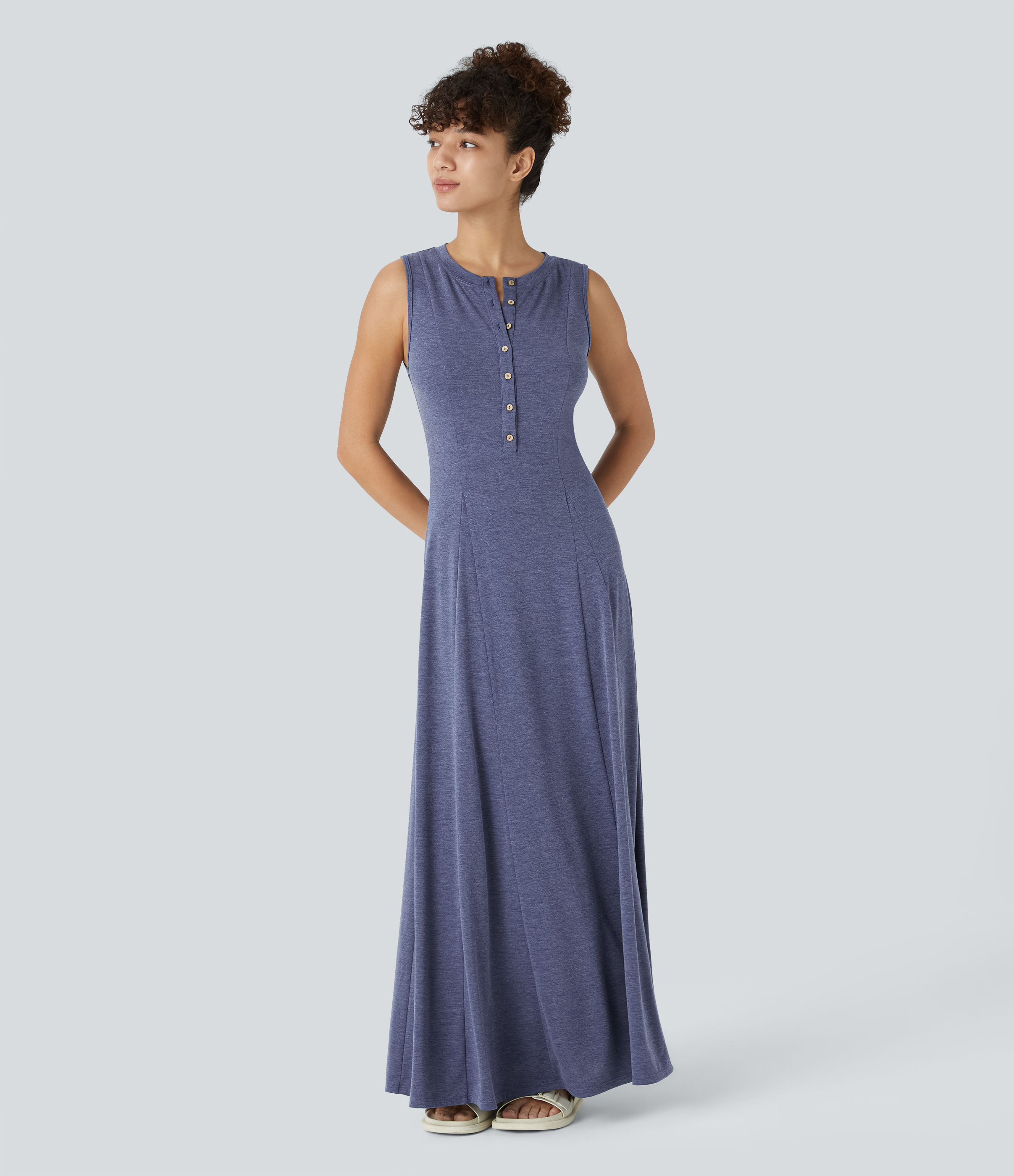 Round Neck Sleeveless Flare Maxi Casual Dress Casual Dress - Mottled Indigo