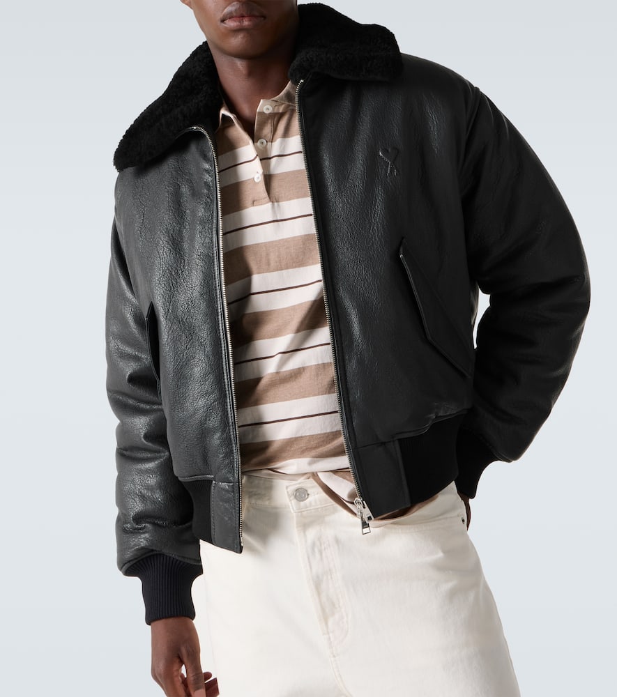 Shearling-trimmed leather bomber jacket