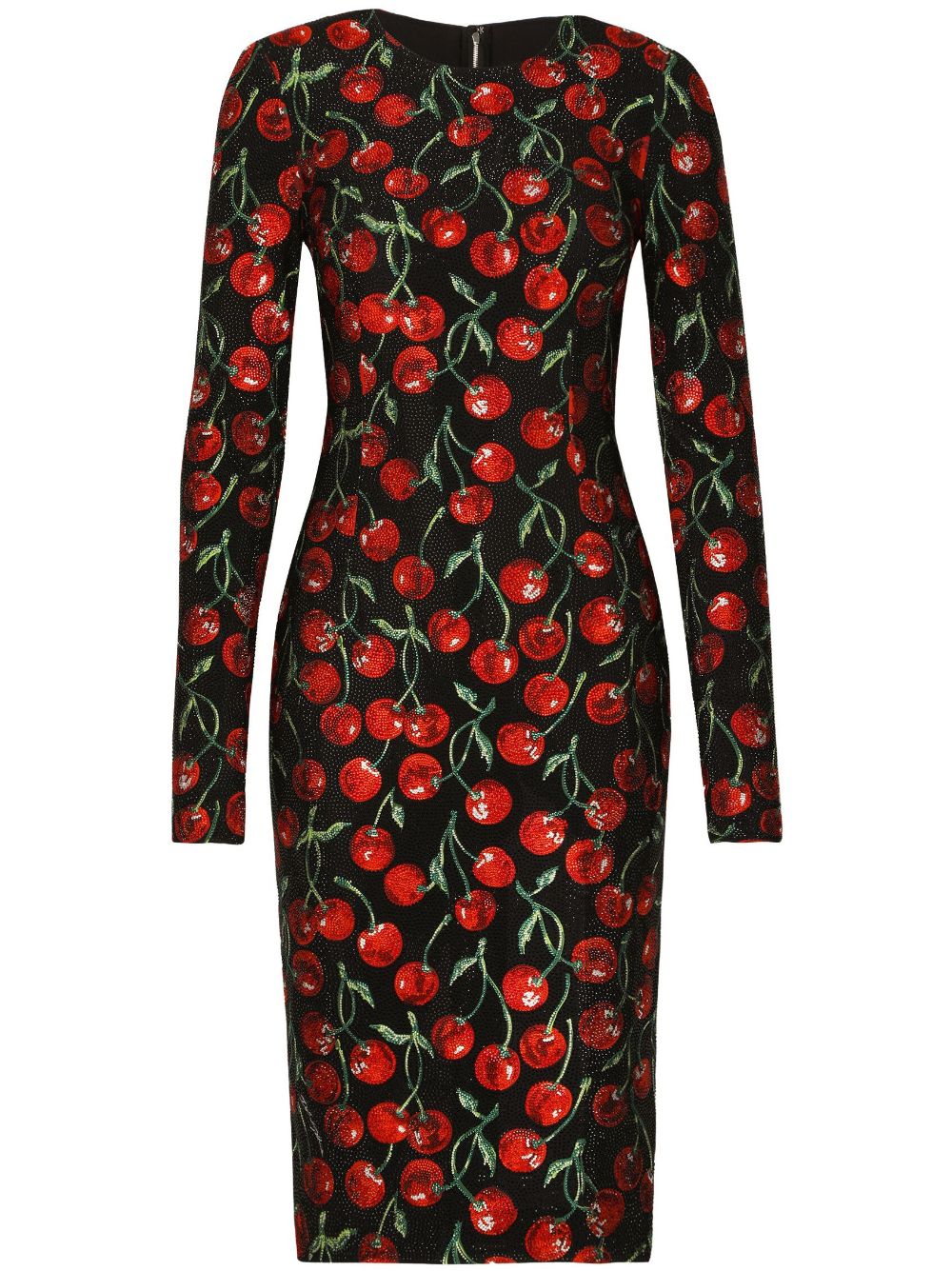 Rhinestone-embellished cherry-print midi dress - Black