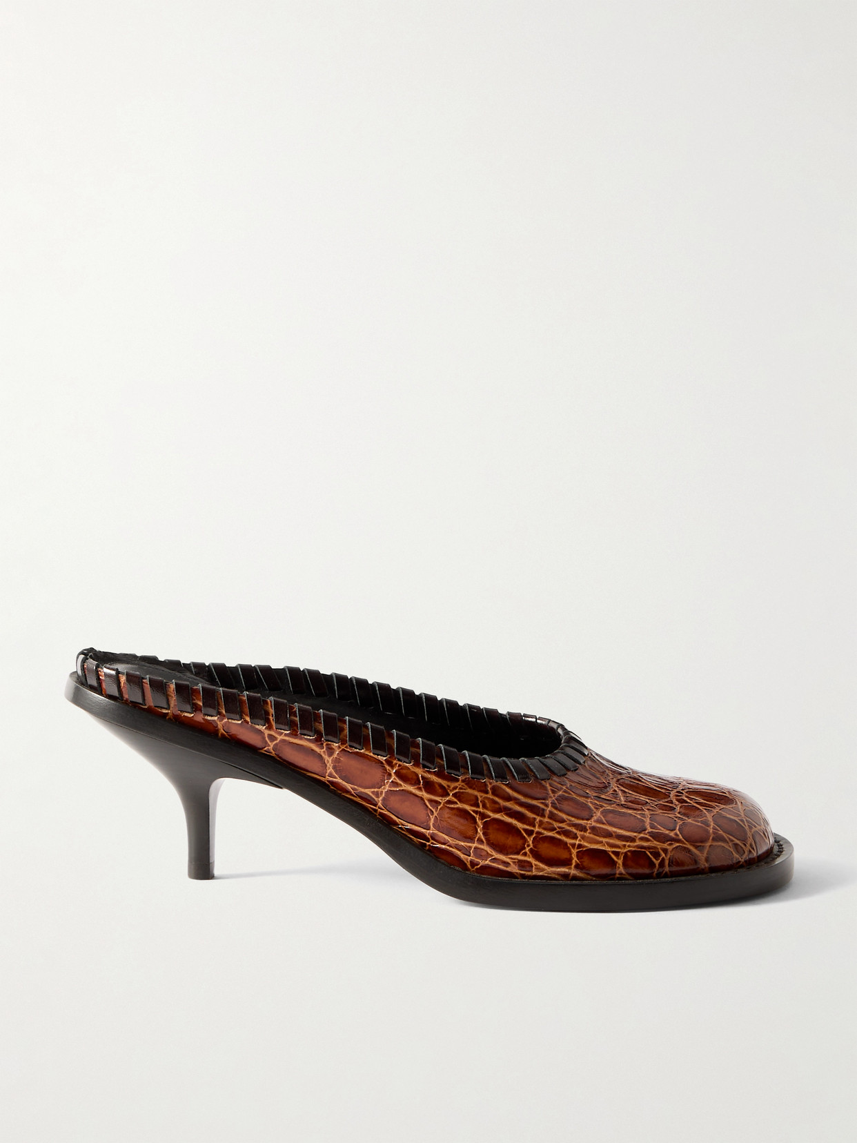 Croc-effect Leather Mules - Brown