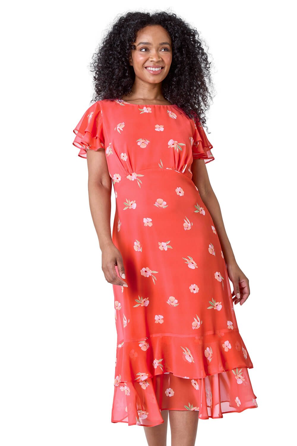 Roman Womens Petite Floral Chiffon Frill Tiered Midi Dress - Orange