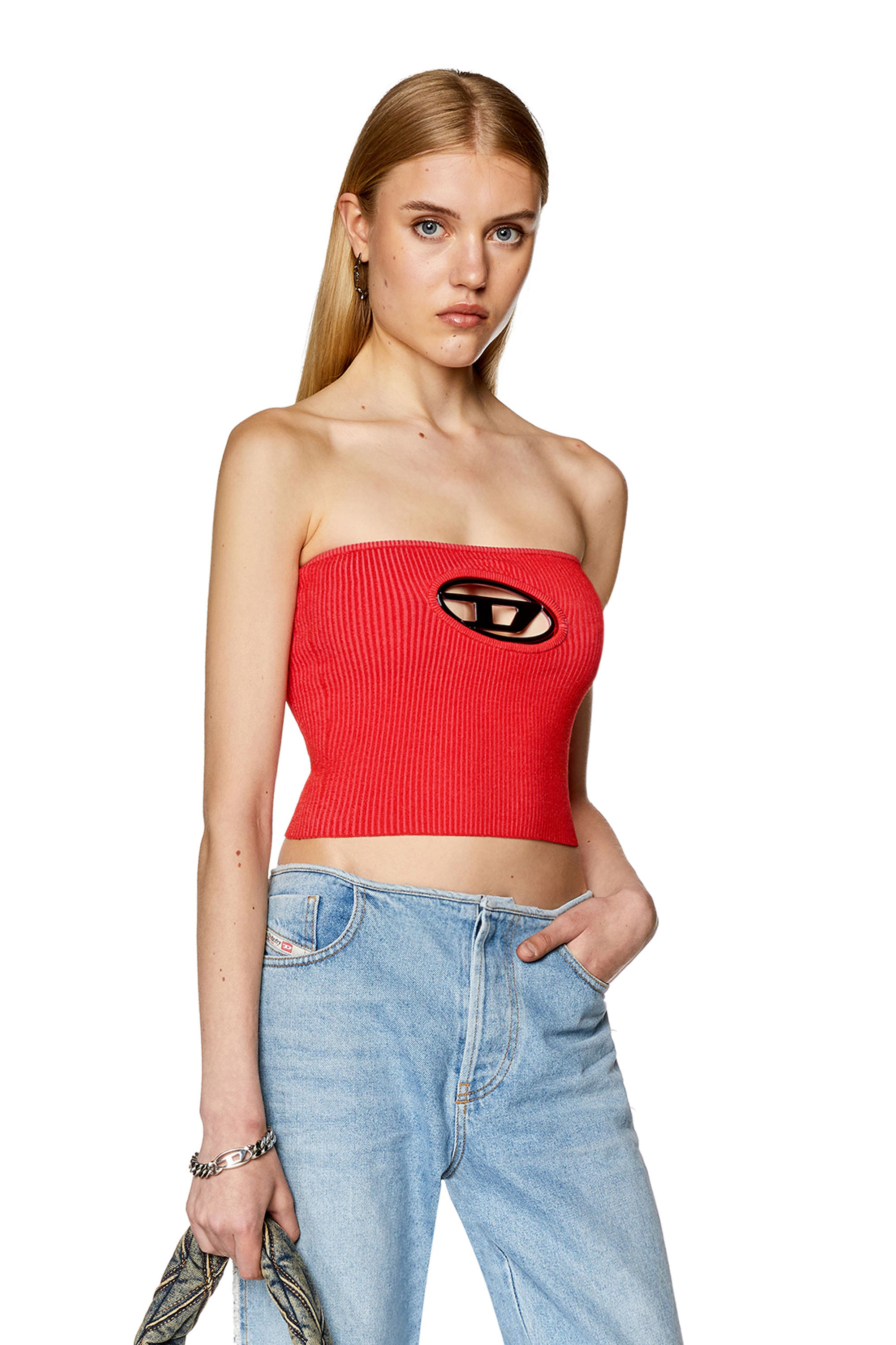 Logo-plaque ribbed-knit top - Red