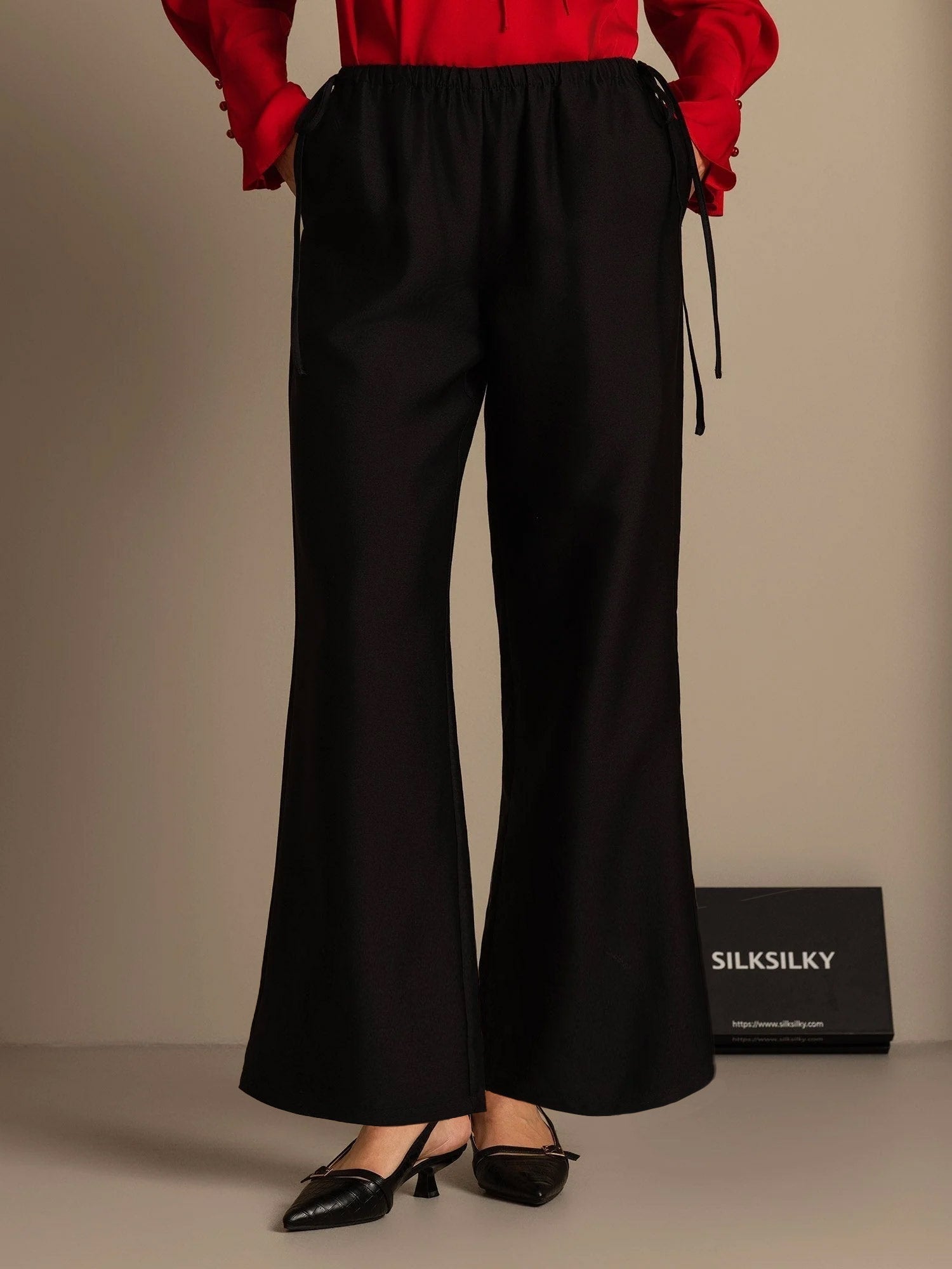 32Momme Silk-Wool Blend Straight Fit Women's Pants with Drawstring Side Pockets  Design