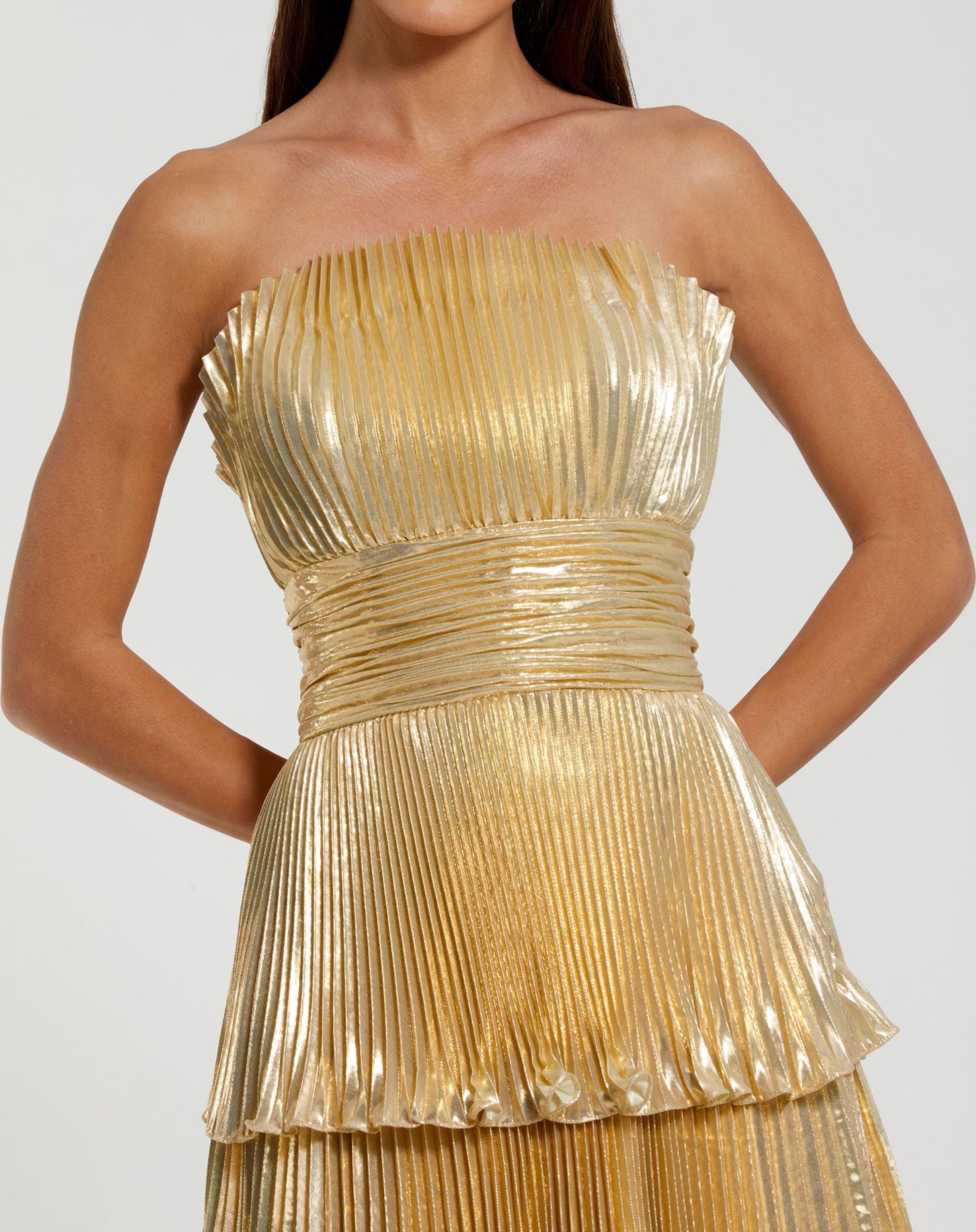 Gold Strapless Pleated Metallic Layered High Low Maxi Gown In Gold