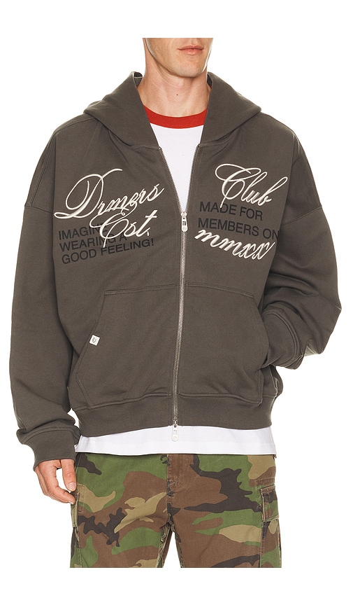 DRMERS CLUB Cursive Zip Up Hoodie in Grey. S. Also in M, L, XL/1X