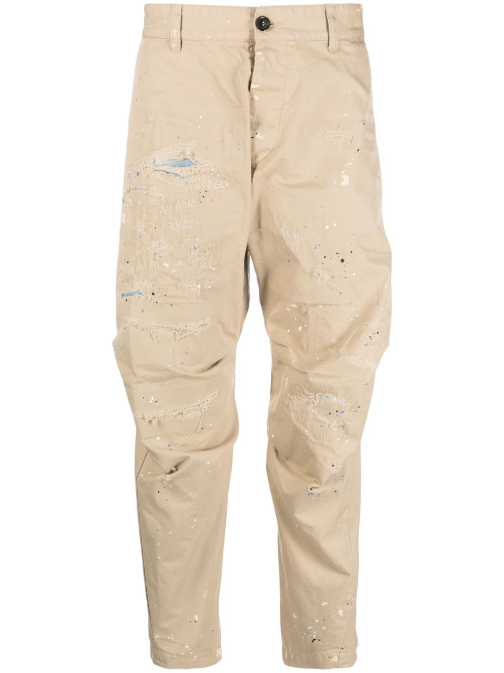 Distressed-effect cotton cropped trousers - Neutrals